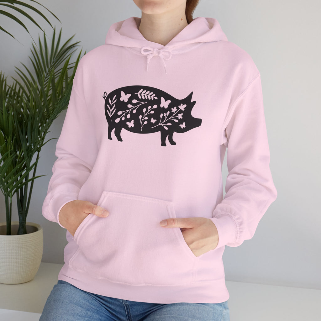 Floral Pig Silhouette Hoodie – Farm Life Sweatshirt, Pig Lover Pullover, Homestead Hoodie, Mini Pig Apparel, Farm Animal Hoodie, Country Living Unisex Hoodie
