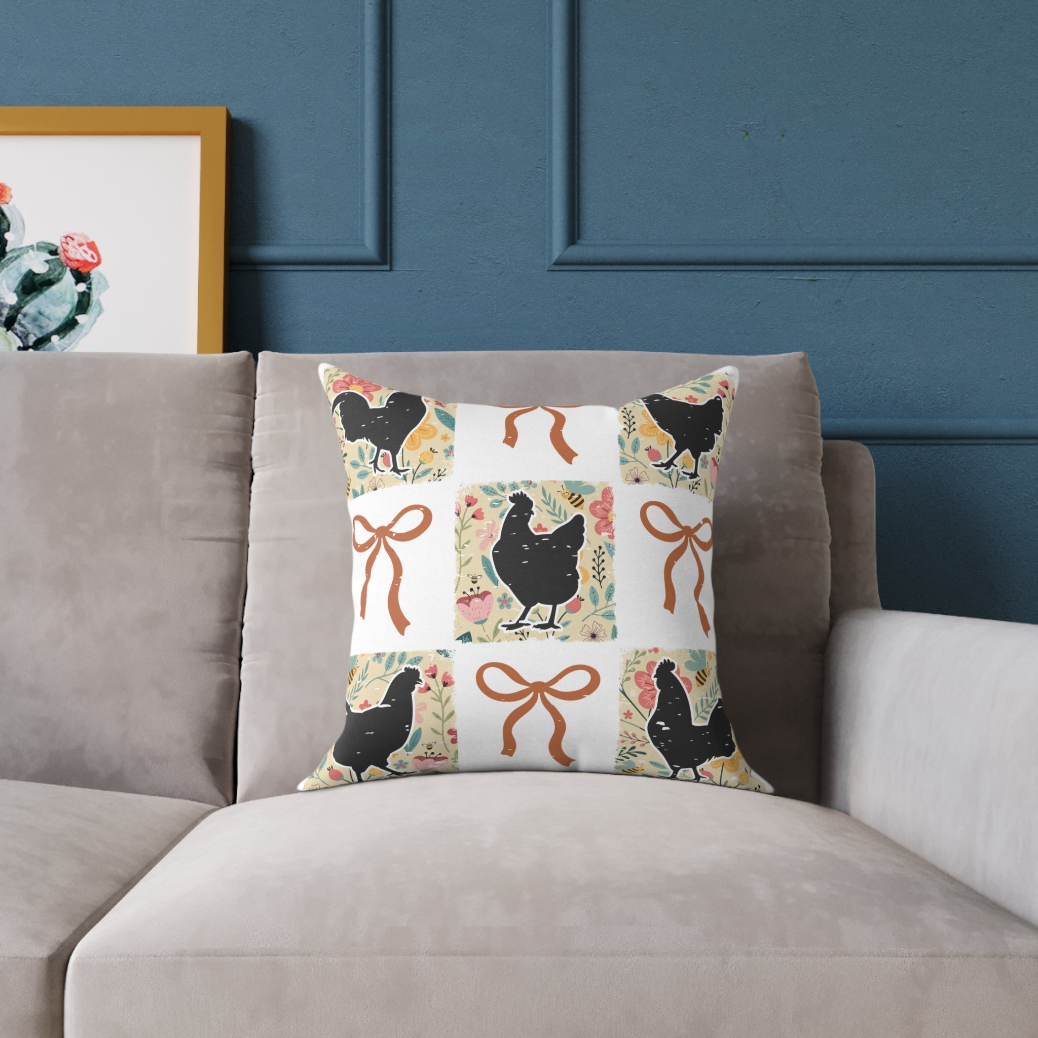 Cottagecore Chicken Patchwork Throw Pillow – Farmhouse Chicken & Bow Decor Cushion, Cozy Country Homestead Accent Pillow