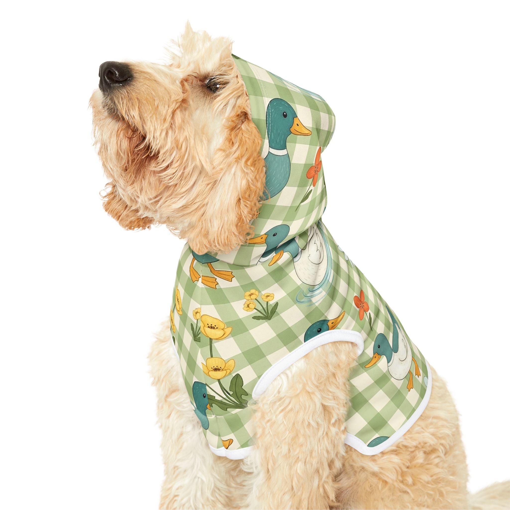 Farmhouse Duck Gingham Pet Hoodie | Cottagecore Goose Dog Hoodie | Country Farm Pet Sweater | Cozy Farm Animal Pet Apparel | Rustic Homestead Dog Hoodie | Small Dog Farm Outfit
