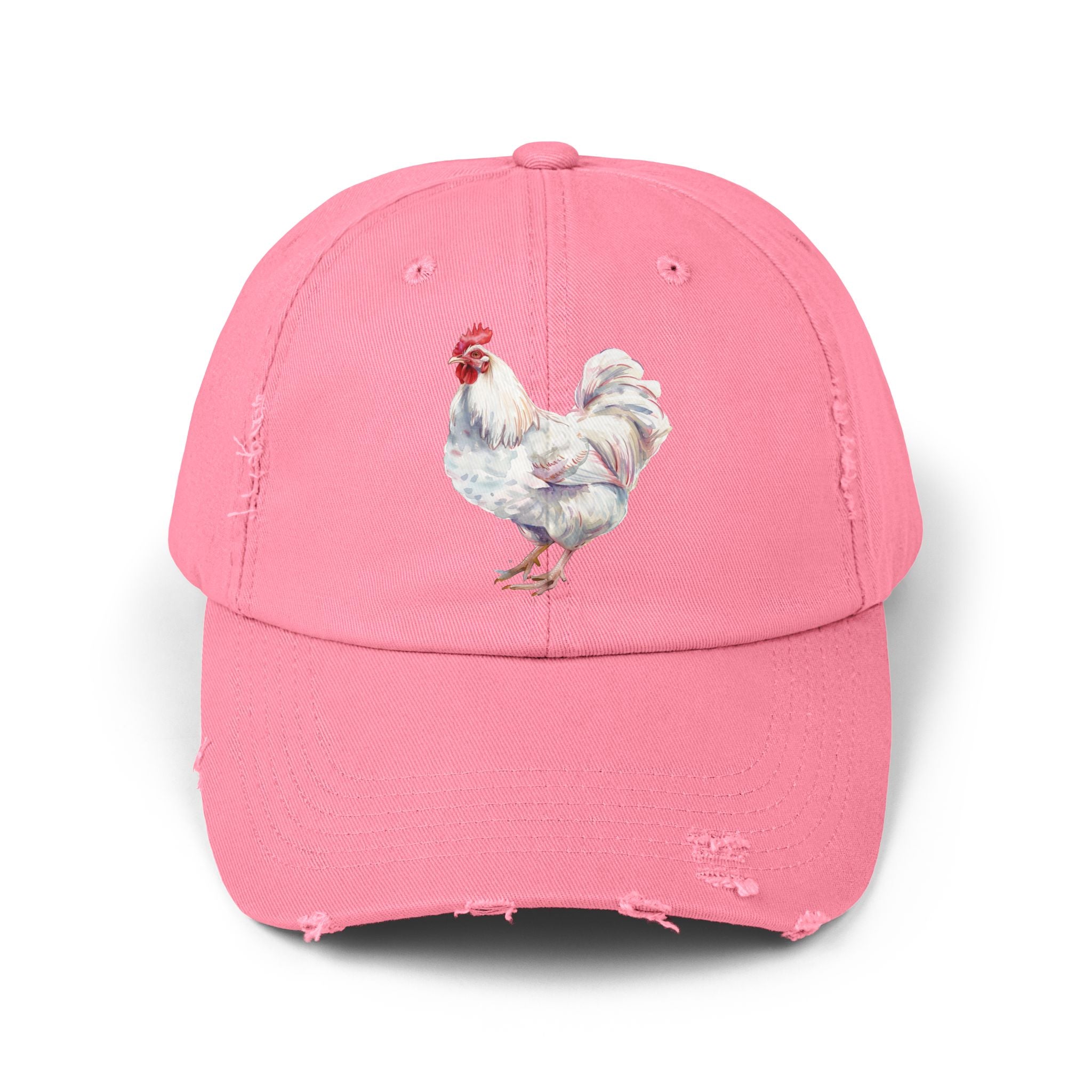 White Rooster Distressed Baseball Cap – Vintage Chicken Hat, Leghorn-Style Rooster, Farmhouse Poultry Cap, Backyard Chicken Keeper Gift