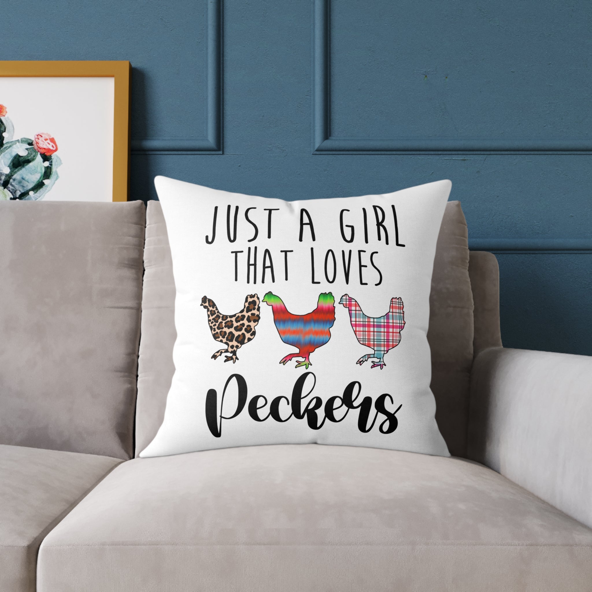 “Just a Girl That Loves Peckers” Throw Pillow – Funny Chicken Farmhouse Decor Cushion, Cute Homestead Accent Pillow