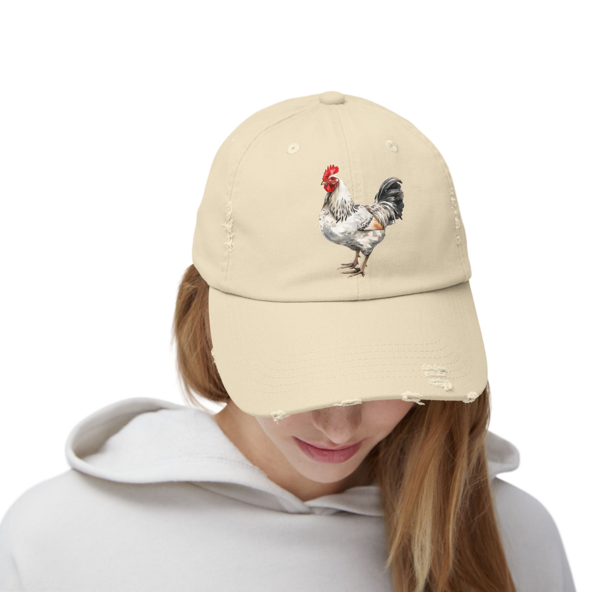 Speckled White Rooster Distressed Baseball Cap – Light Sussex Style Chicken Hat, Vintage Farm Rooster Cap, Backyard Chicken Keeper Gift