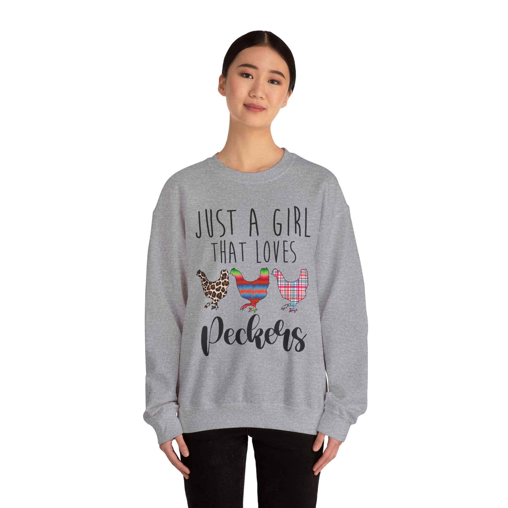 Just a Girl That Loves Peckers Sweatshirt – Funny Chicken Crewneck, Farmhouse Homestead Chicken Mom Pullover
