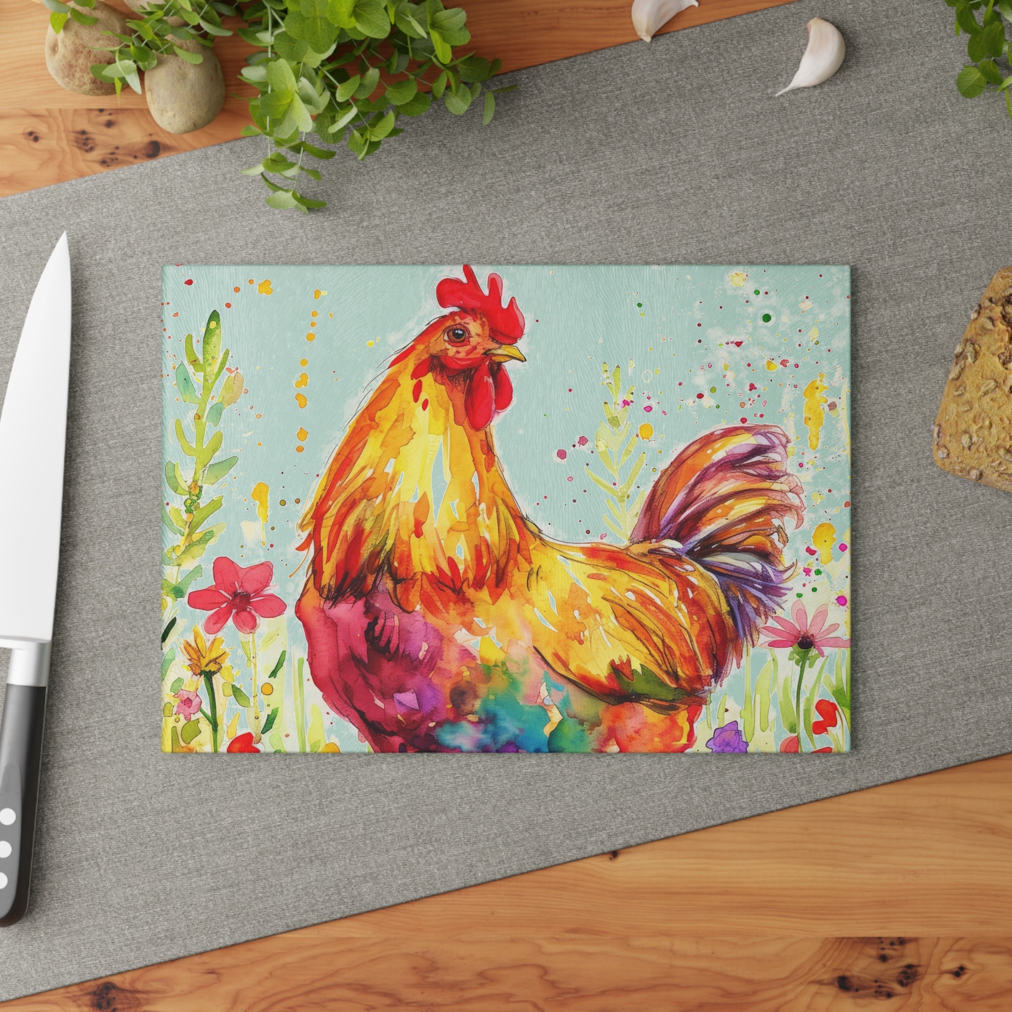 Floral Chicken Glass Cutting Board – Farmhouse Kitchen Decor, Colorful Chicken Counter Protector, Homestead Gift