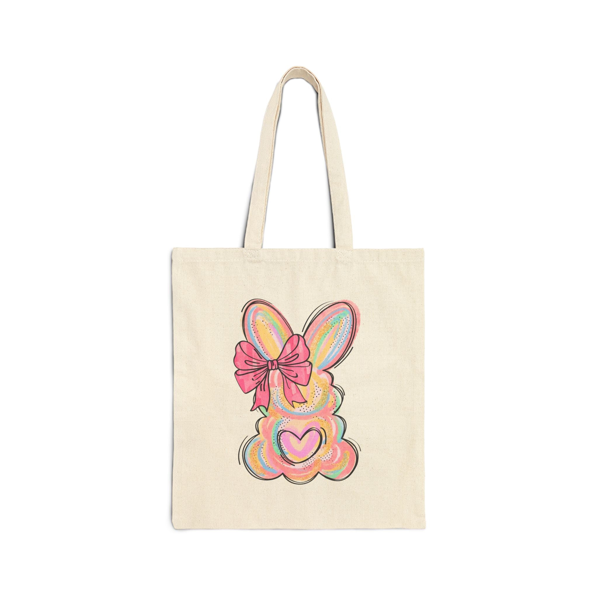Easter Bow Bunny Tote Bag – Pastel Heart Rabbit Canvas Tote, Cute Spring Bunny Market Bag, Cottagecore Farmhouse Reusable Shopping Tote, Easter Gift Bag
