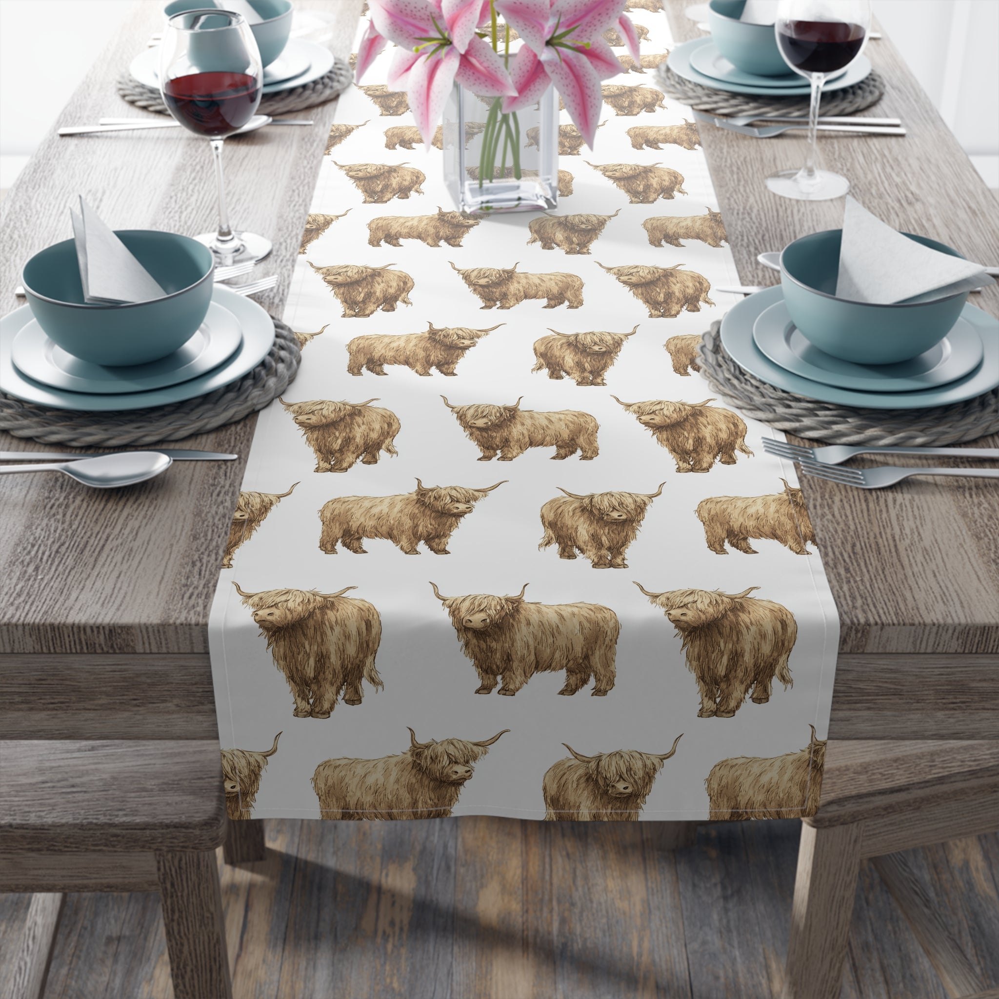 Highland Cow Farmhouse Table Runner | Rustic Farm Cattle Kitchen Decor | Country Cottagecore Dining Table Linen | Homestead Cow Table Decor