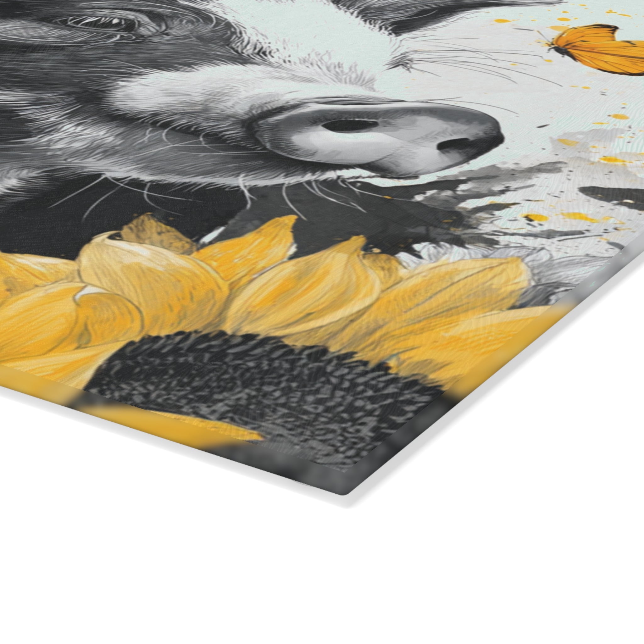 Sunflower Pig Glass Cutting Board – Rustic Farm Pig Kitchen Decor, Floral Farmhouse Cutting Board, Country Homestead Kitchen Gift