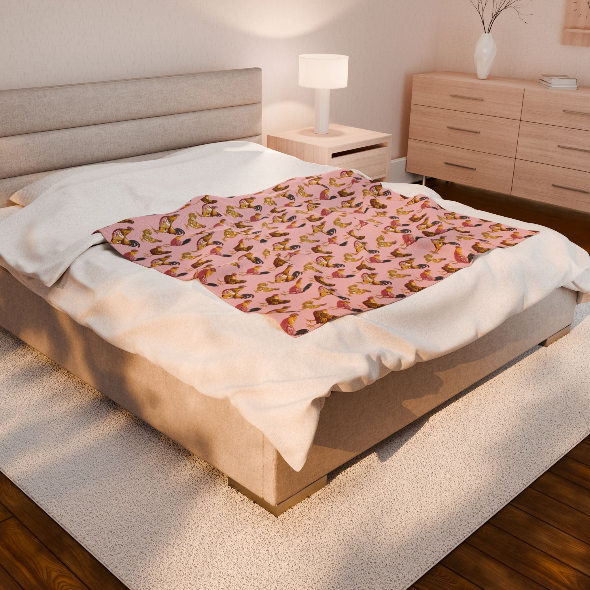 Pink Roosters Velveteen Plush Blanket Vintage Chicken Farmhouse Throw, Cozy Cottagecore Country Home Decor
