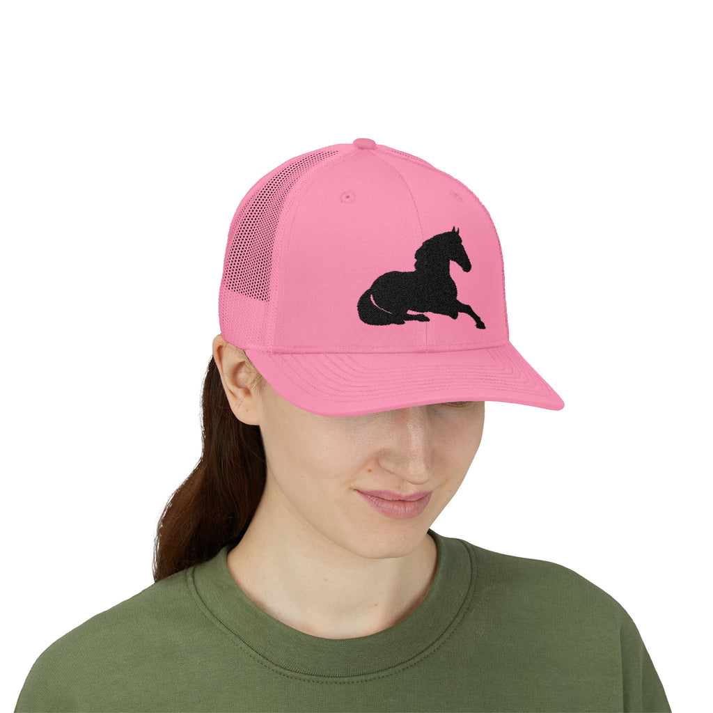 Resting Horse Trucker Hat | Laying Horse Silhouette Mesh Snapback Cap | Western Ranch Horse Lover Hat | Rustic Farm Life Cowboy Cowgirl Cap