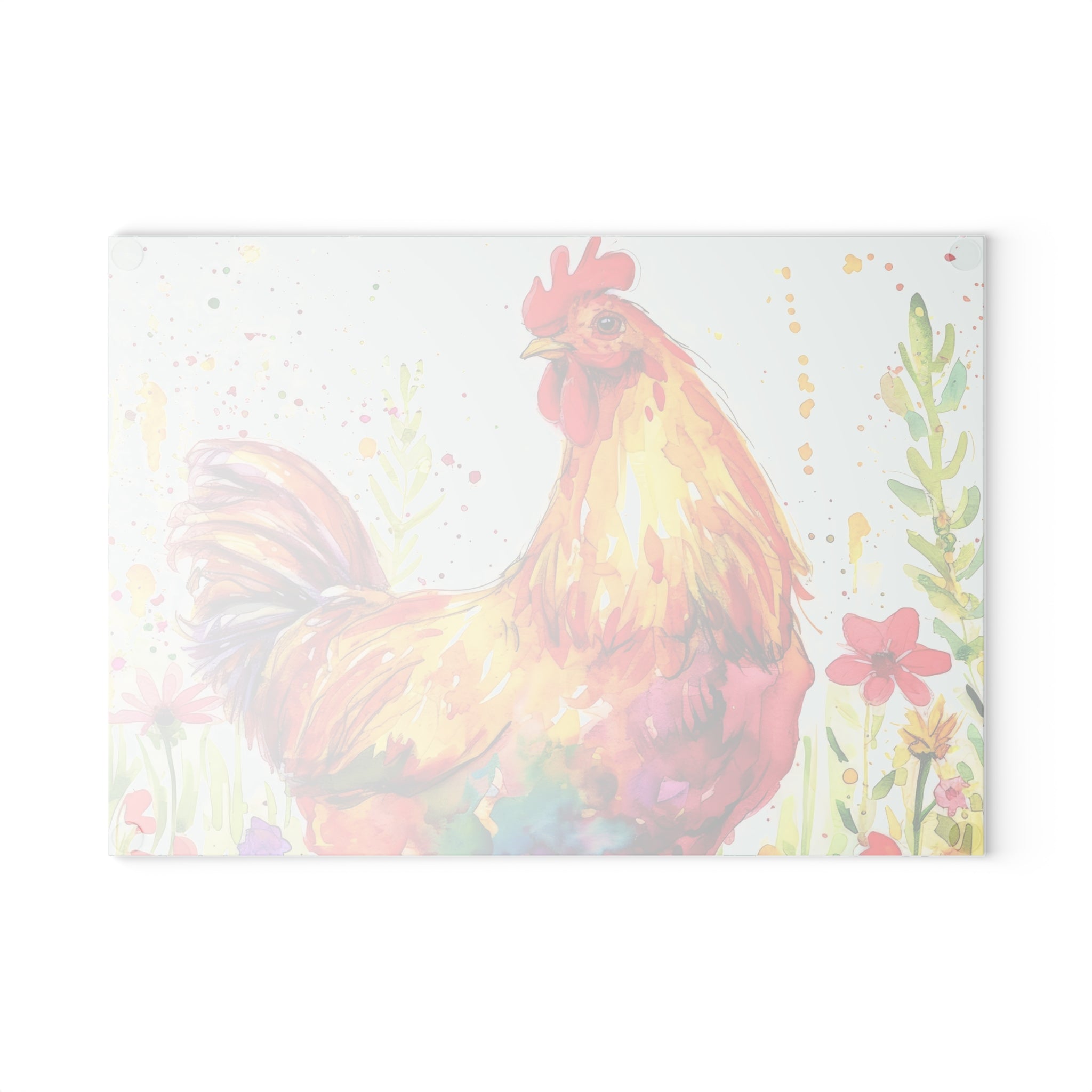 Floral Chicken Glass Cutting Board – Farmhouse Kitchen Decor, Colorful Chicken Counter Protector, Homestead Gift
