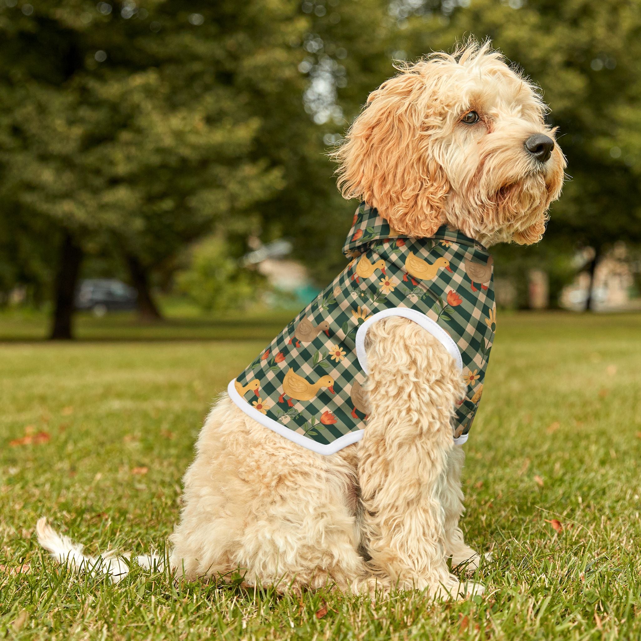 Farmhouse Duck Gingham Pet Hoodie | Cottagecore Goose Dog Hoodie | Country Farm Pet Sweater | Cozy Farm Animal Pet Apparel | Rustic Homestead Dog Hoodie | Small Dog Farm Outfit