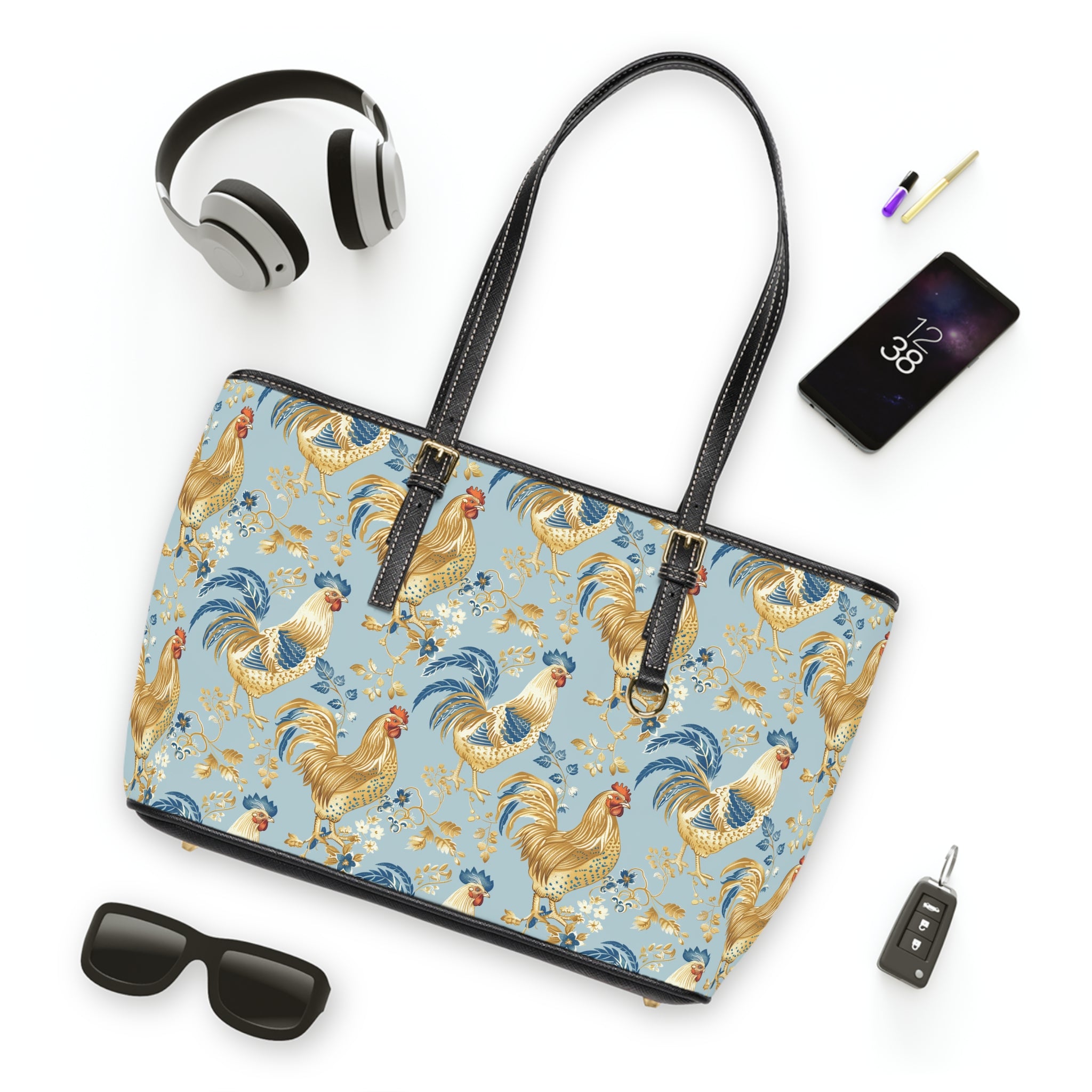 Light Blue Chicken Print Leather Shoulder Bag – Farmhouse Chicken Tote, Cute Hen Pattern Purse, Farm Life Handbag, Backyard Chicken Lover Bag