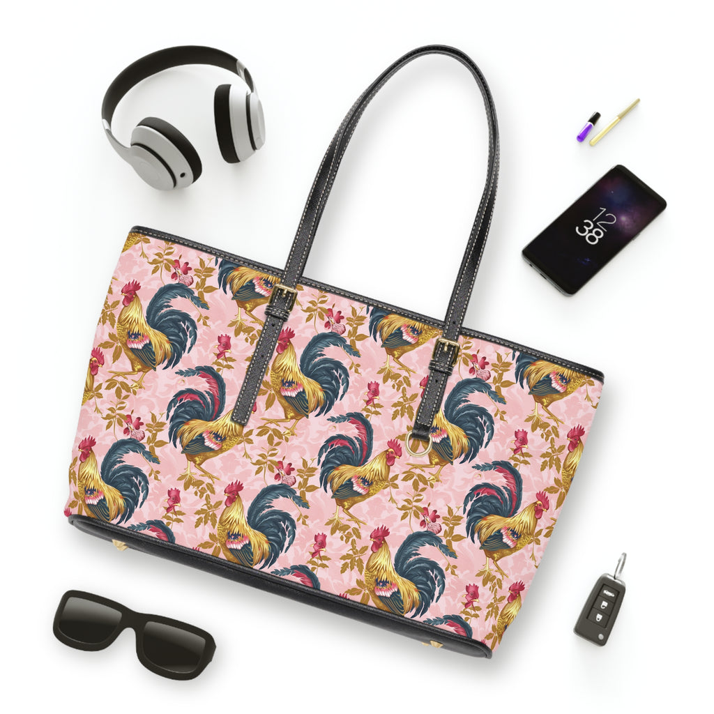 Pink Floral Rooster Chicken Print Leather Shoulder Bag – Farmhouse Chicken Tote, Cute Hen Pattern Purse, Farm Life Handbag, Backyard Chicken Lover Bag