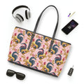 Pink Floral Rooster Chicken Print Leather Shoulder Bag – Farmhouse Chicken Tote, Cute Hen Pattern Purse, Farm Life Handbag, Backyard Chicken Lover Bag
