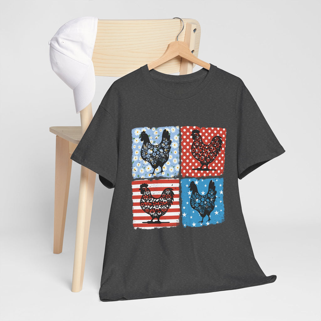 Patchwork Chicken Farm T-Shirt | Farmhouse Hen Graphic Tee | Patriotic Chicken Shirt | Country Homestead Apparel | Backyard Chicken Lover Gift