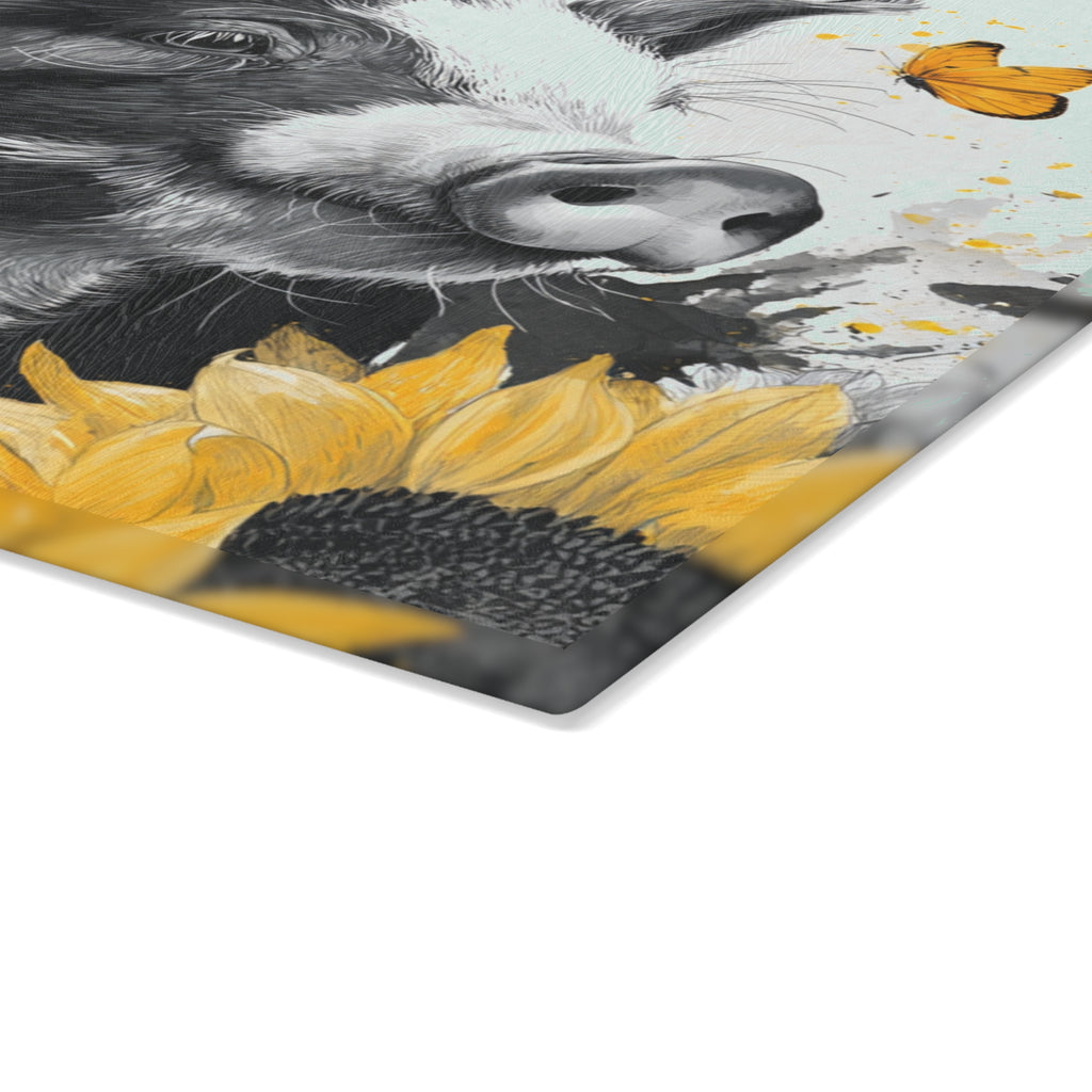 Sunflower Pig Glass Cutting Board – Rustic Farm Pig Kitchen Decor, Floral Farmhouse Cutting Board, Country Homestead Kitchen Gift