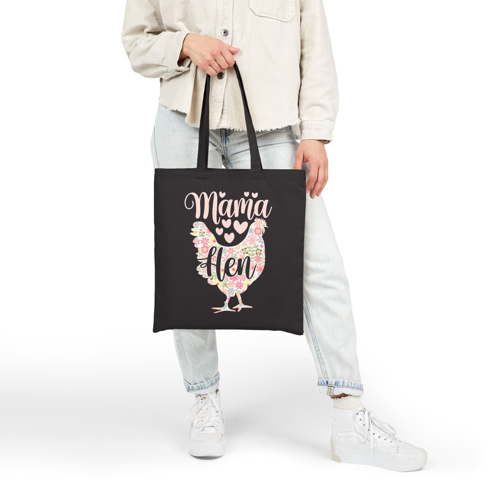 Mama Hen Canvas Tote Bag – Chicken Mom Market Bag, Farmhouse Chicken Lover Tote, Reusable Homestead Shopping Bag