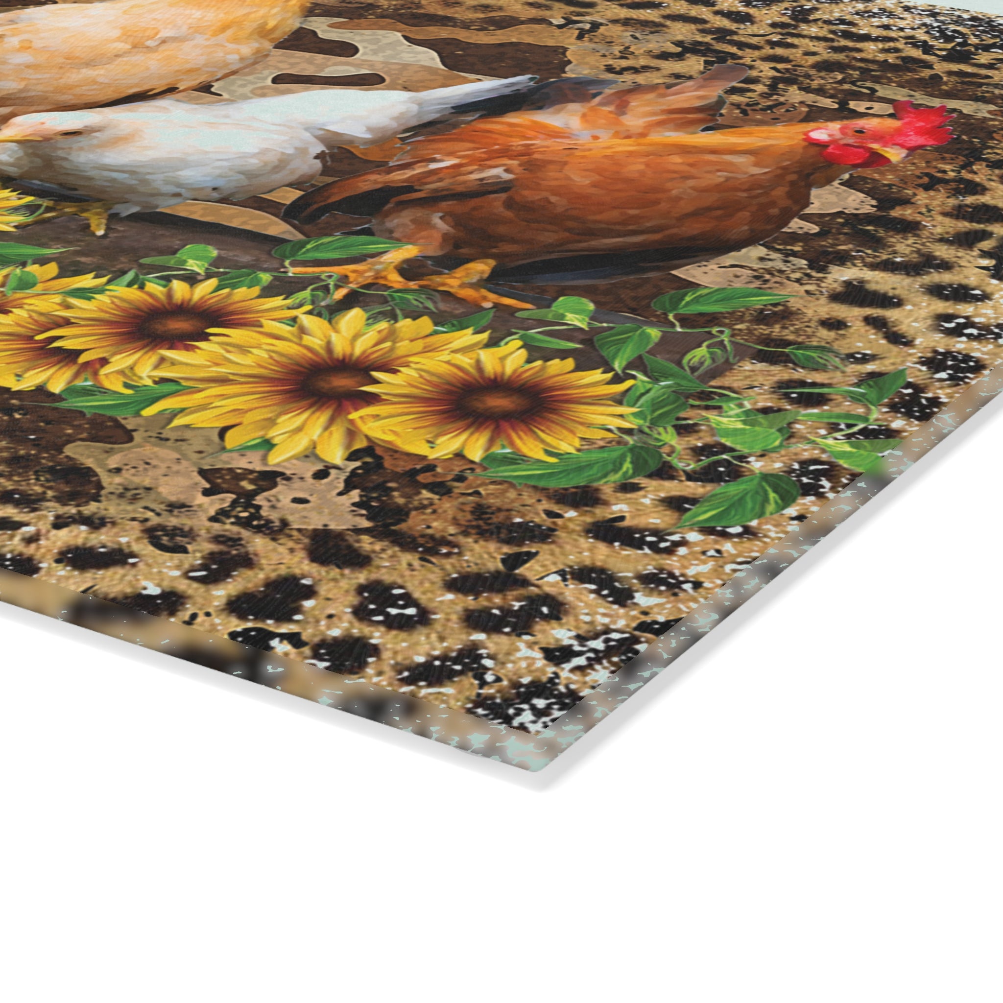 Chicken Flock Glass Cutting Board – Farmhouse Sunflower Chicken Kitchen Decor, Leopard Print Farm Cutting Board, Rustic Country Homestead Kitchen Gift