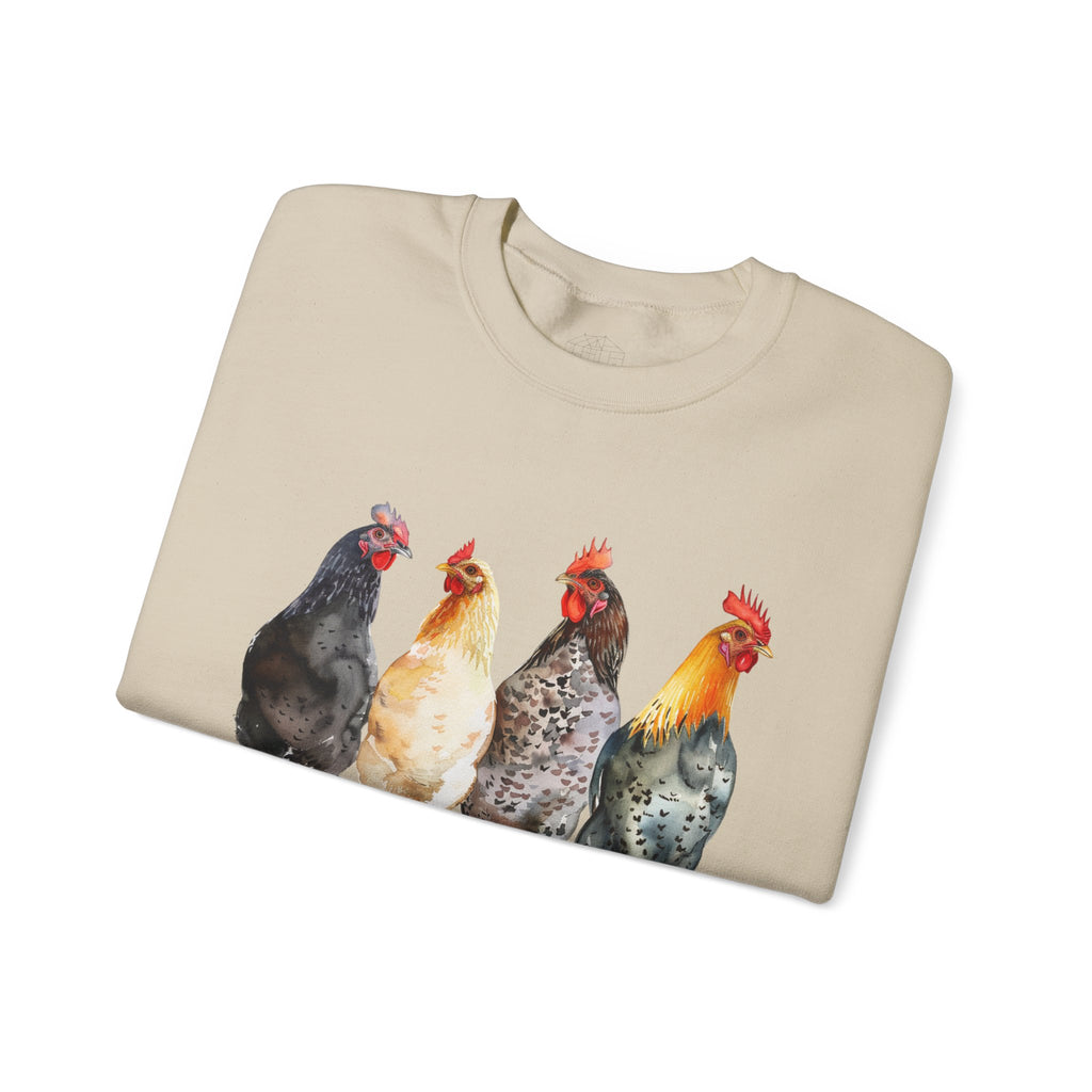 Chicken Flock Sweatshirt – Farmhouse Hen Lineup Crewneck, Cozy Homestead Chicken Mom Pullover, Unisex Gildan 18000