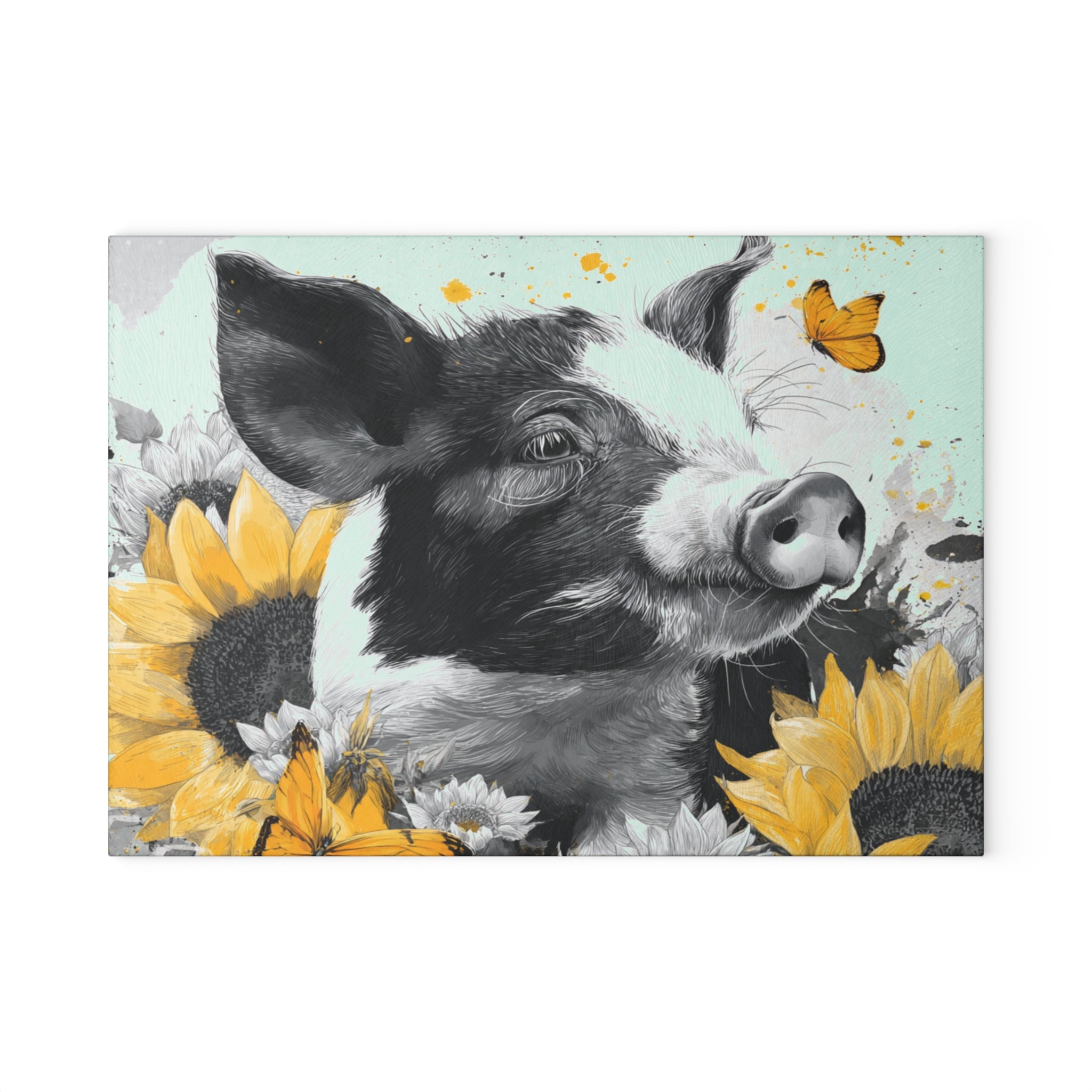 Sunflower Pig Glass Cutting Board – Rustic Farm Pig Kitchen Decor, Floral Farmhouse Cutting Board, Country Homestead Kitchen Gift