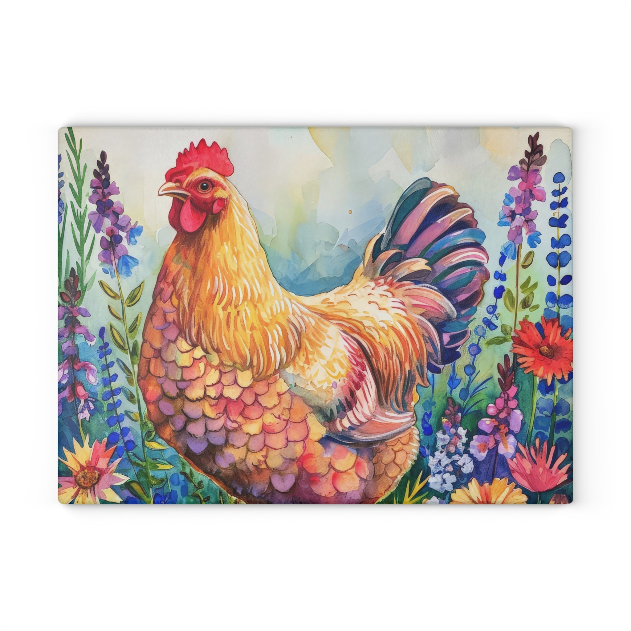 Watercolor Floral Chicken Cutting Board – Farmhouse Glass Kitchen Board for Chicken Lovers