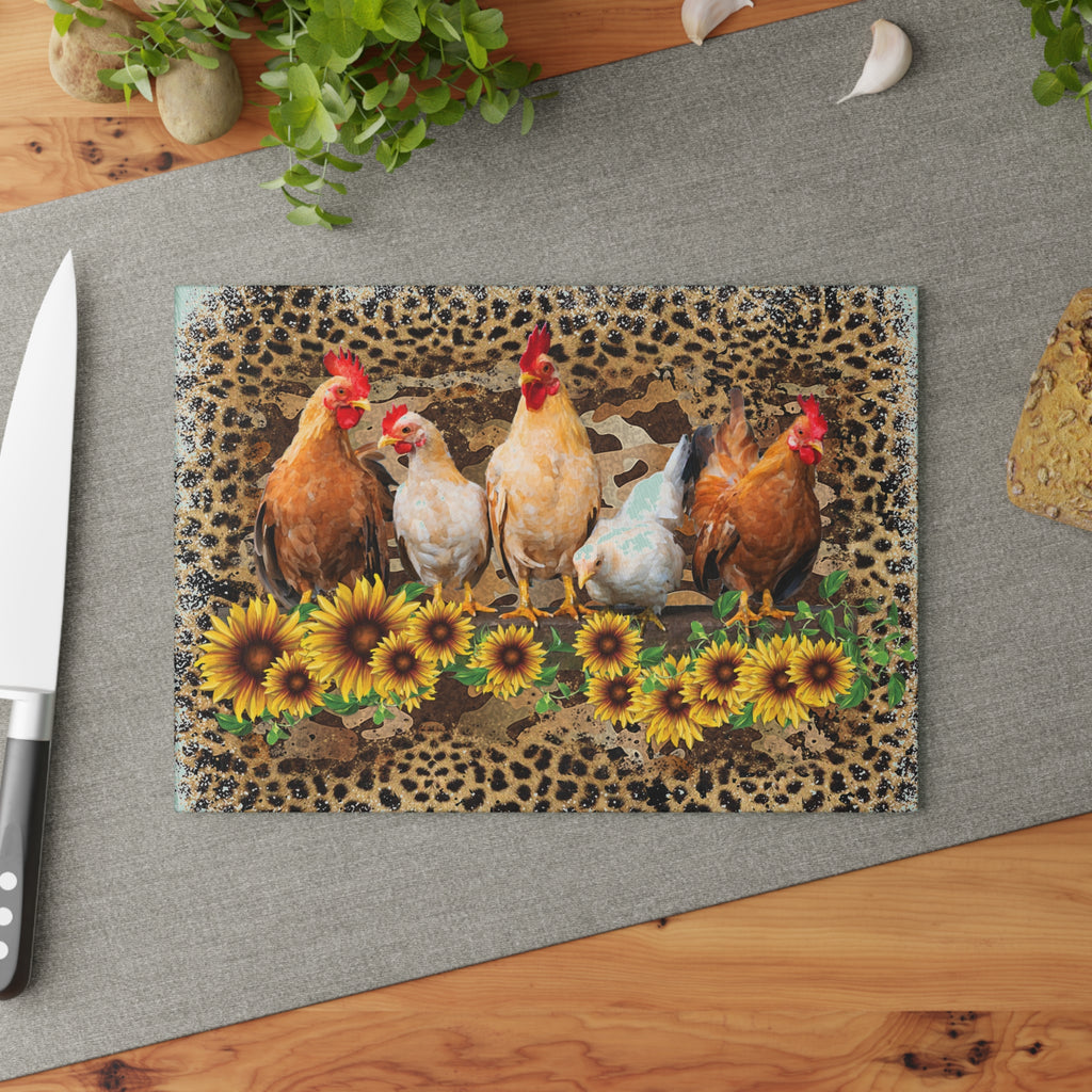 Chicken Flock Glass Cutting Board – Farmhouse Sunflower Chicken Kitchen Decor, Leopard Print Farm Cutting Board, Rustic Country Homestead Kitchen Gift