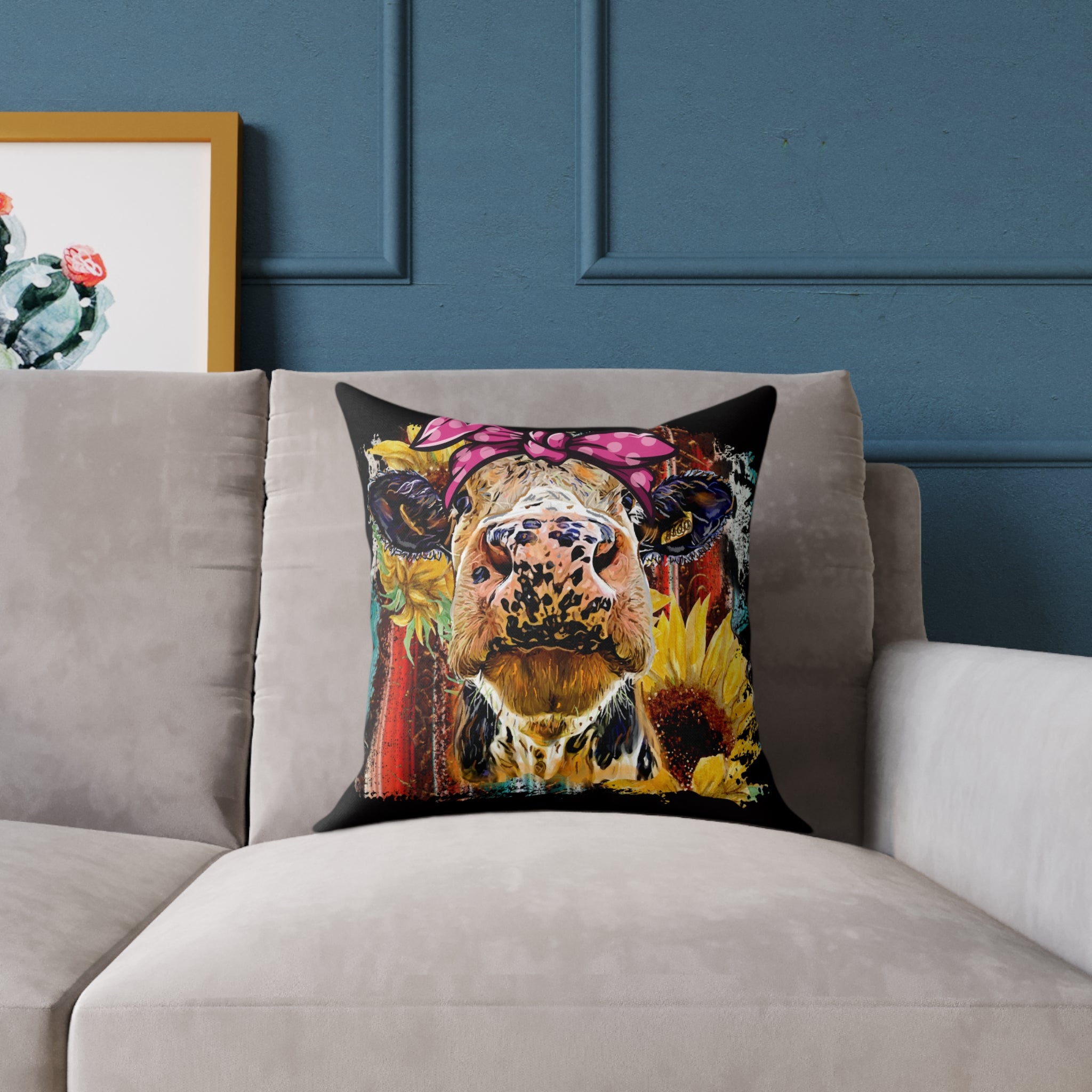 Funny Cow Throw Pillow | Farmhouse Cow Accent Pillow | Sunflower Highland Cow Decor Cushion | Rustic Country Home Decor | Gumpert Homestead