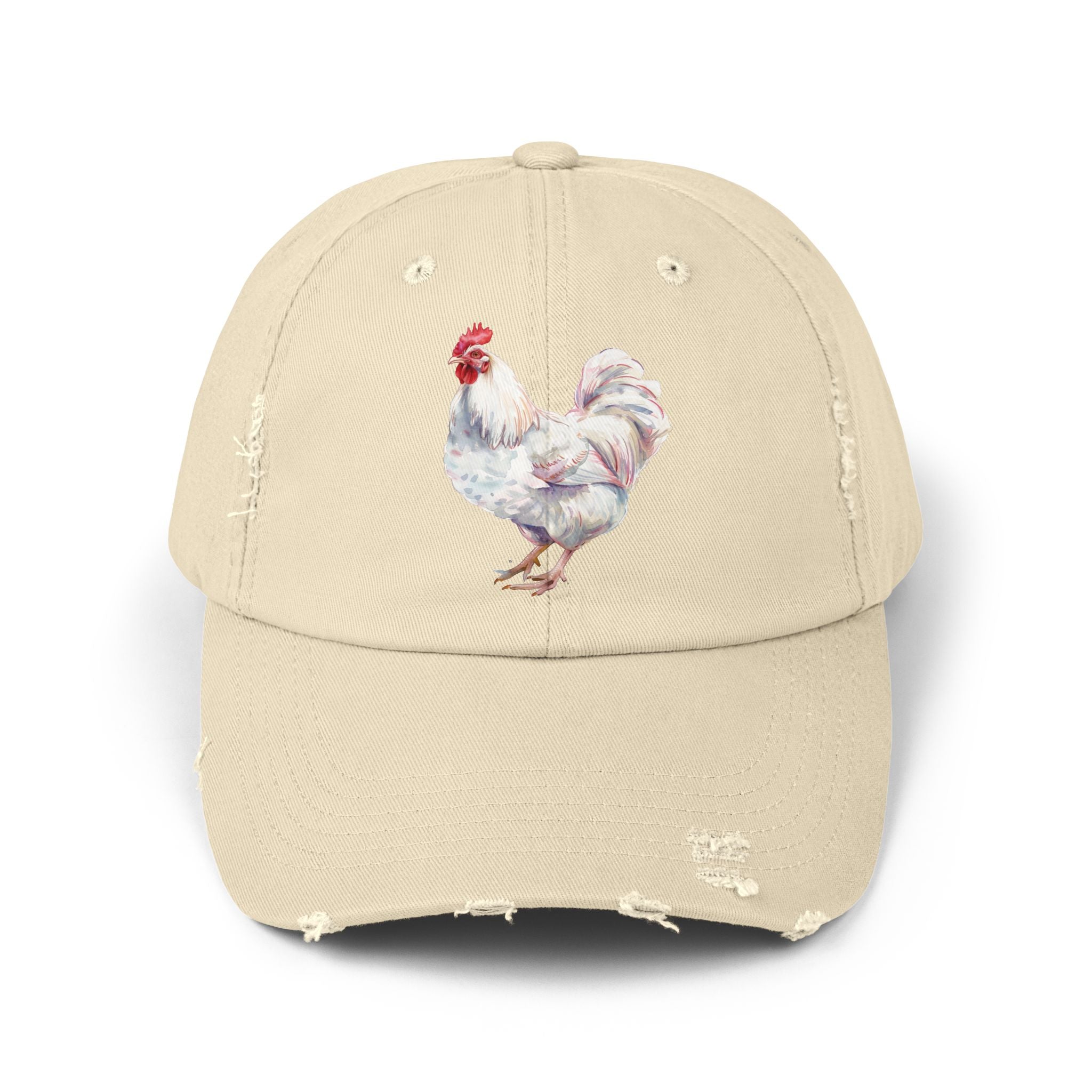 White Rooster Distressed Baseball Cap – Vintage Chicken Hat, Leghorn-Style Rooster, Farmhouse Poultry Cap, Backyard Chicken Keeper Gift