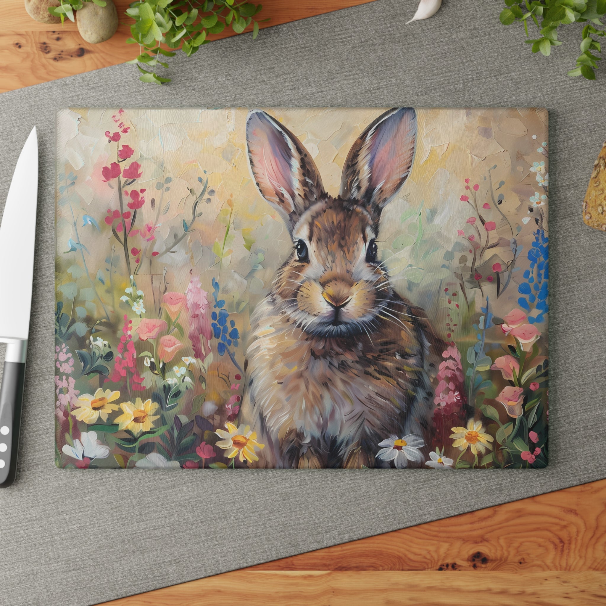 Wildflower Bunny Glass Cutting Board | Rustic Rabbit Kitchen Decor | Cottagecore Watercolor Tempered Glass Cutting Board | Gumpert Homestead