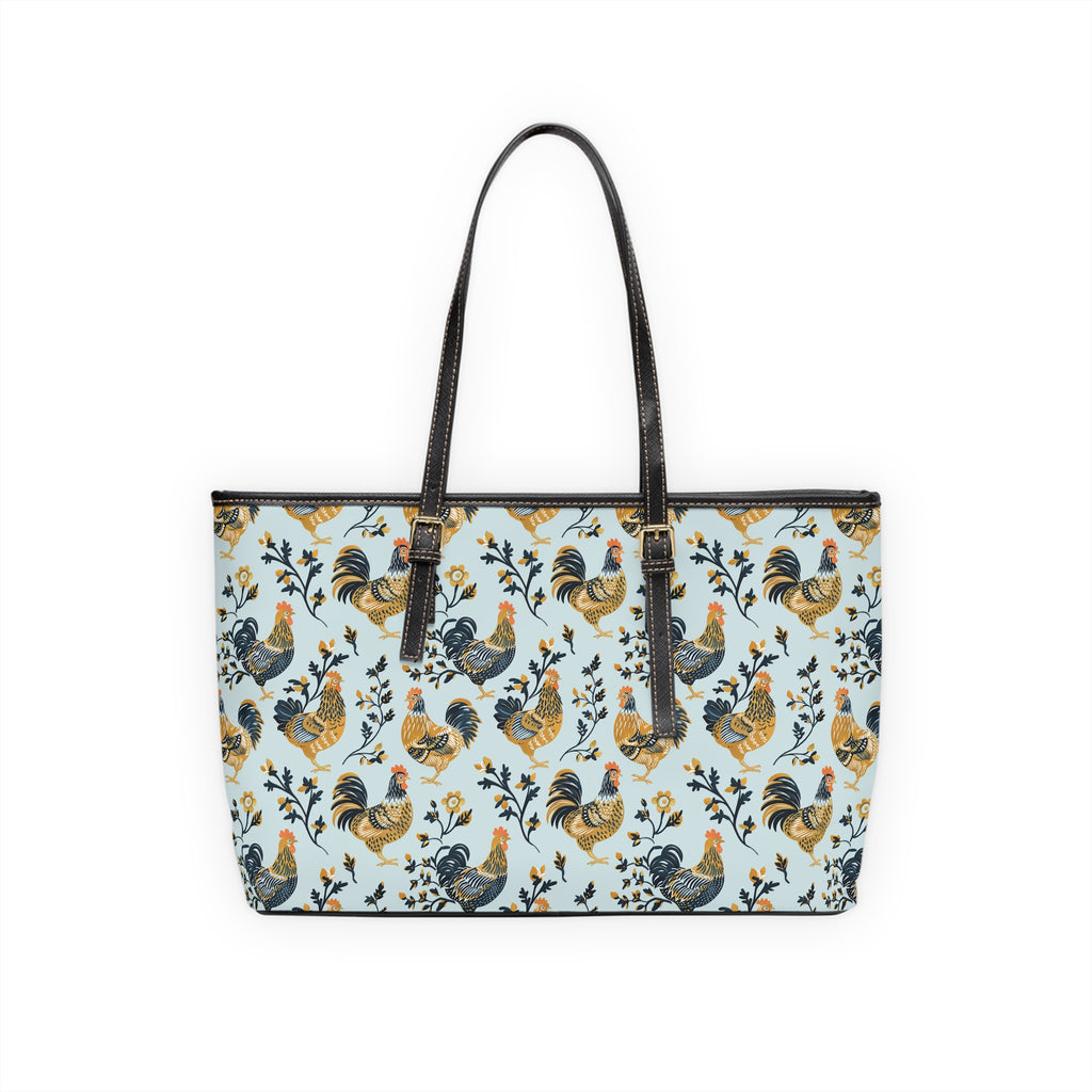 Blue Botanical Chicken Print Leather Shoulder Bag – Farmhouse Chicken Tote, Cute Hen Pattern Purse, Farm Life Handbag, Backyard Chicken Lover Bag