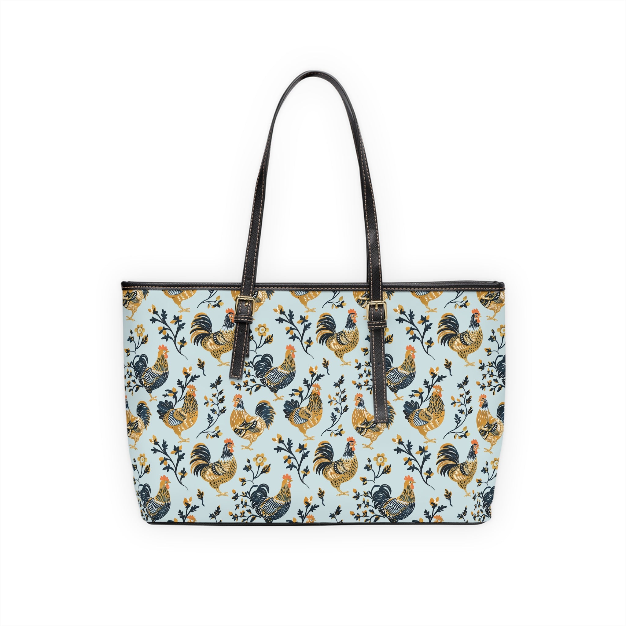 Blue Botanical Chicken Print Leather Shoulder Bag – Farmhouse Chicken Tote, Cute Hen Pattern Purse, Farm Life Handbag, Backyard Chicken Lover Bag