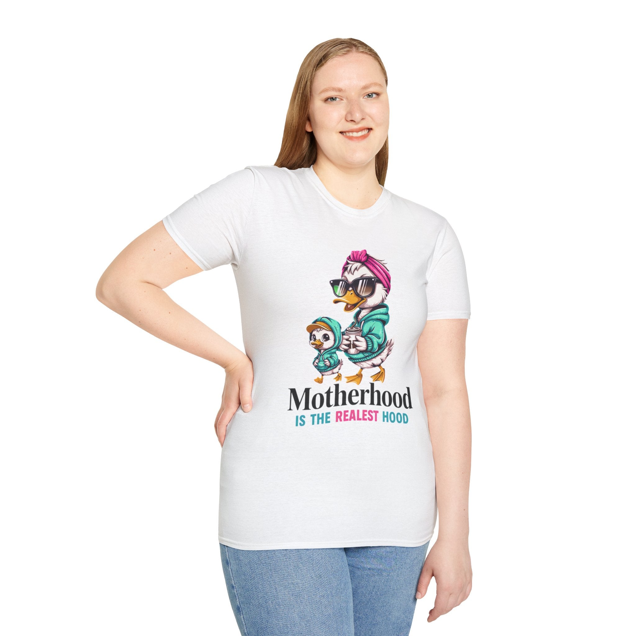 Motherhood Is the Realest Hood Cute Duck Mom Unisex T-Shirt | Funny Farm Mom Graphic Tee