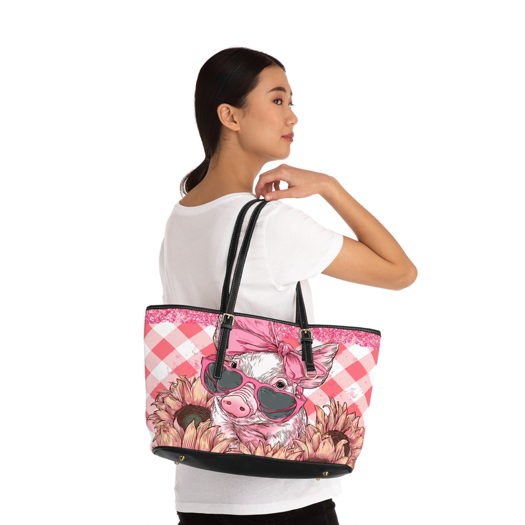 Funny Pig Shoulder Bag | Farmhouse Sunflower Tote Purse | Cute Pig Handbag | Cottagecore Farm Animal Bag | Homestead Market Tote PU Leather