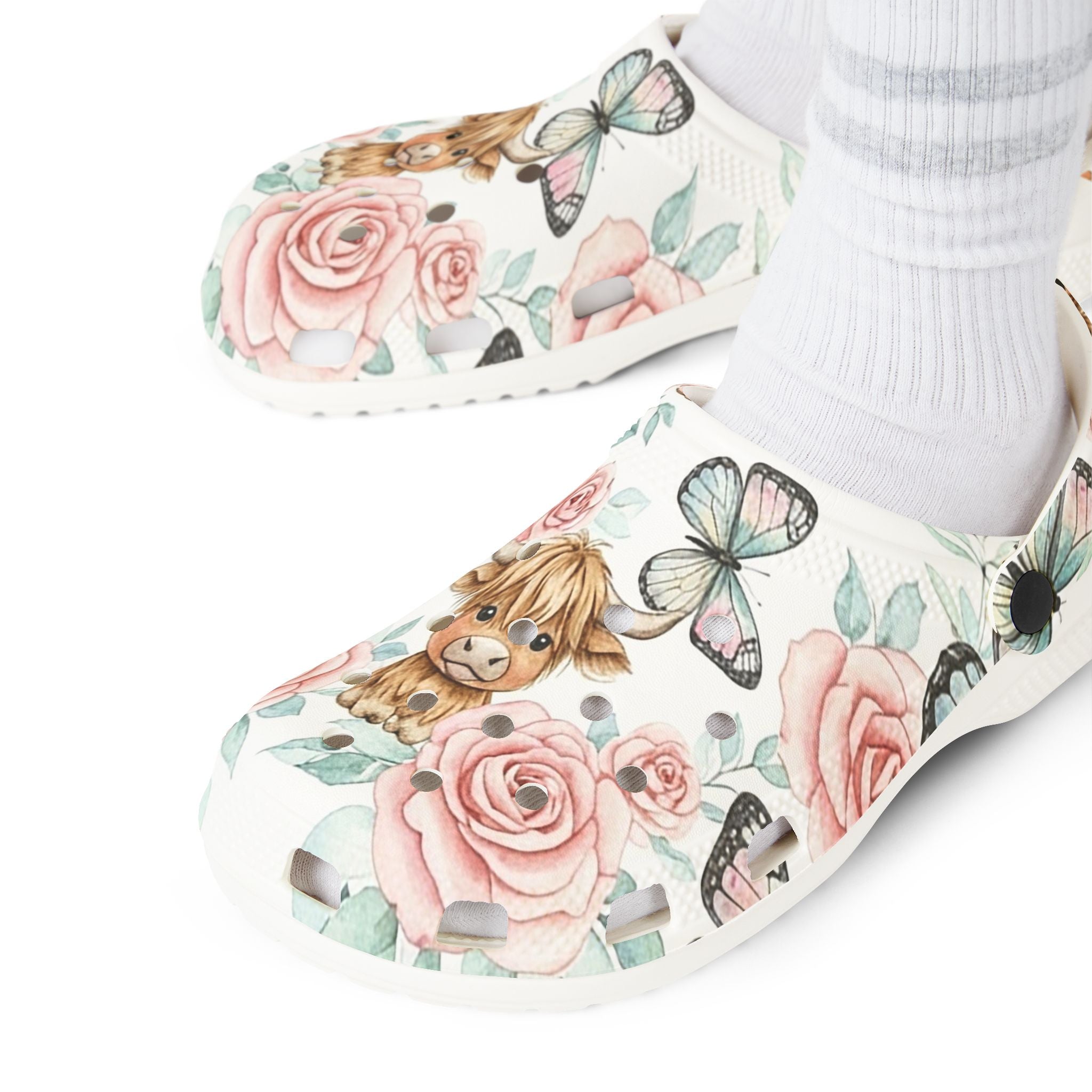 Highland Cow Cottagecore Clogs – Floral Butterfly Farm Shoes, Cozy Farm Life EVA Slip-On Clogs