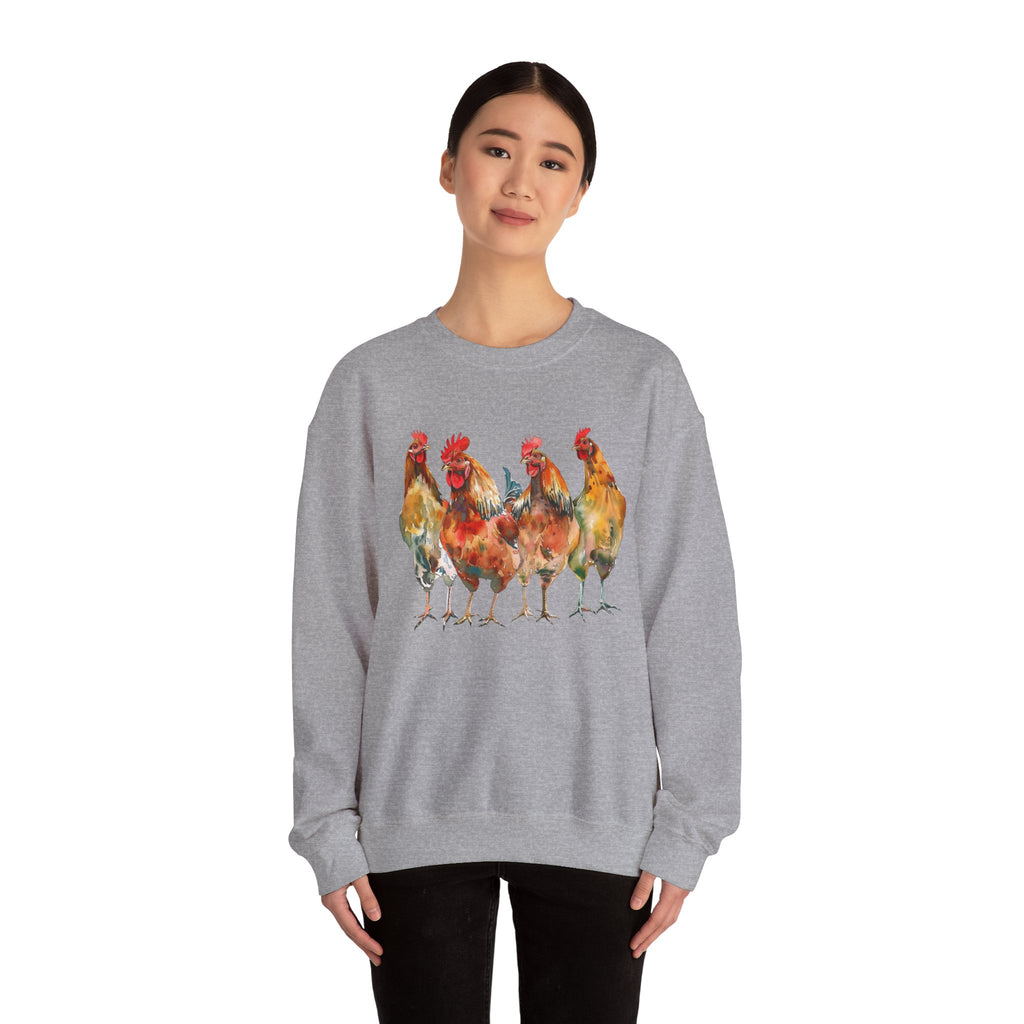 Chicken Flock Sweatshirt – Farmhouse Hen Lineup Crewneck, Cozy Homestead Chicken Mom Pullover, Unisex Gildan 18000