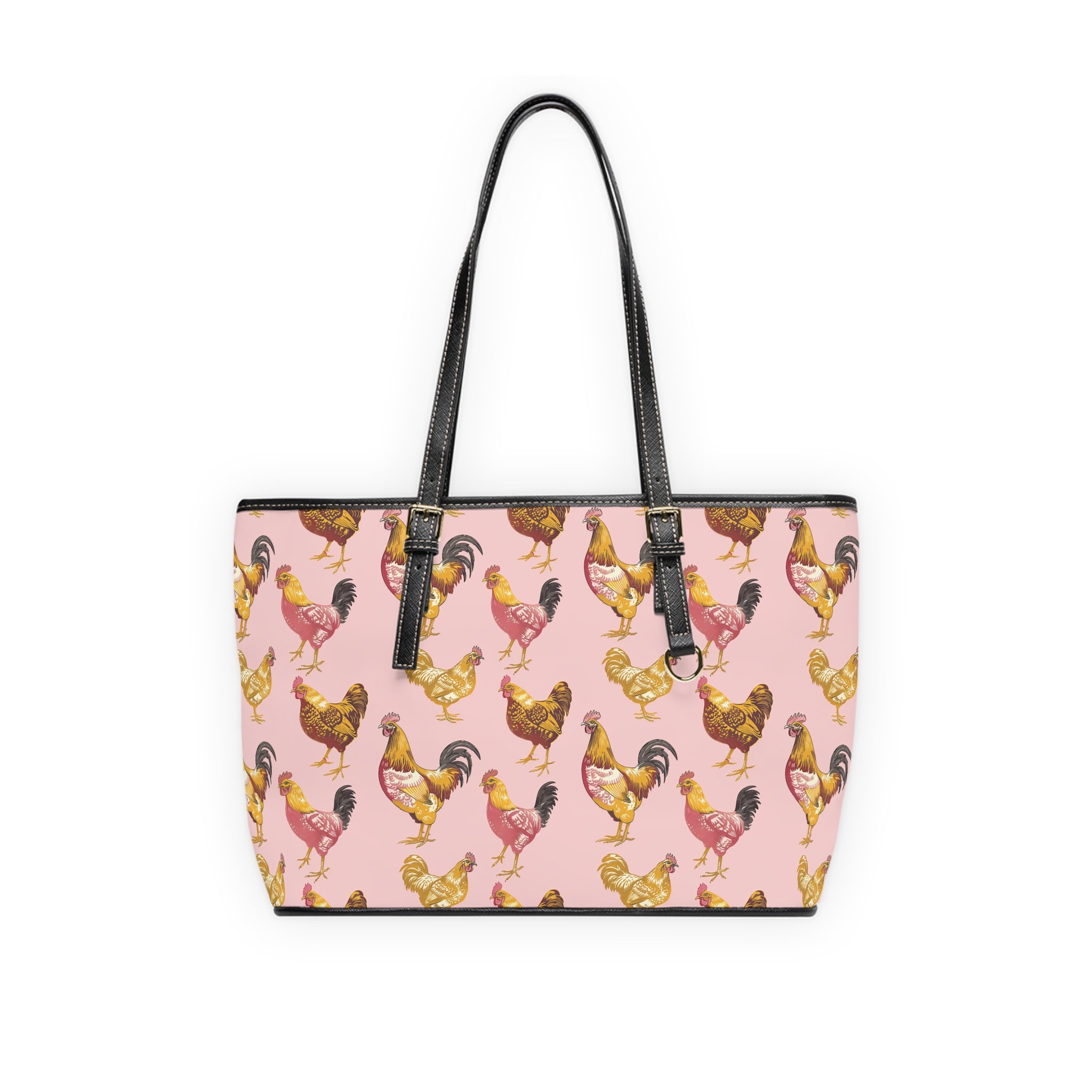 Pink & Gold Chicken Print PU Leather Shoulder Bag – Farmhouse Chicken Tote, Cute Hen Pattern Purse, Farm Life Handbag, Backyard Chicken Lover Bag