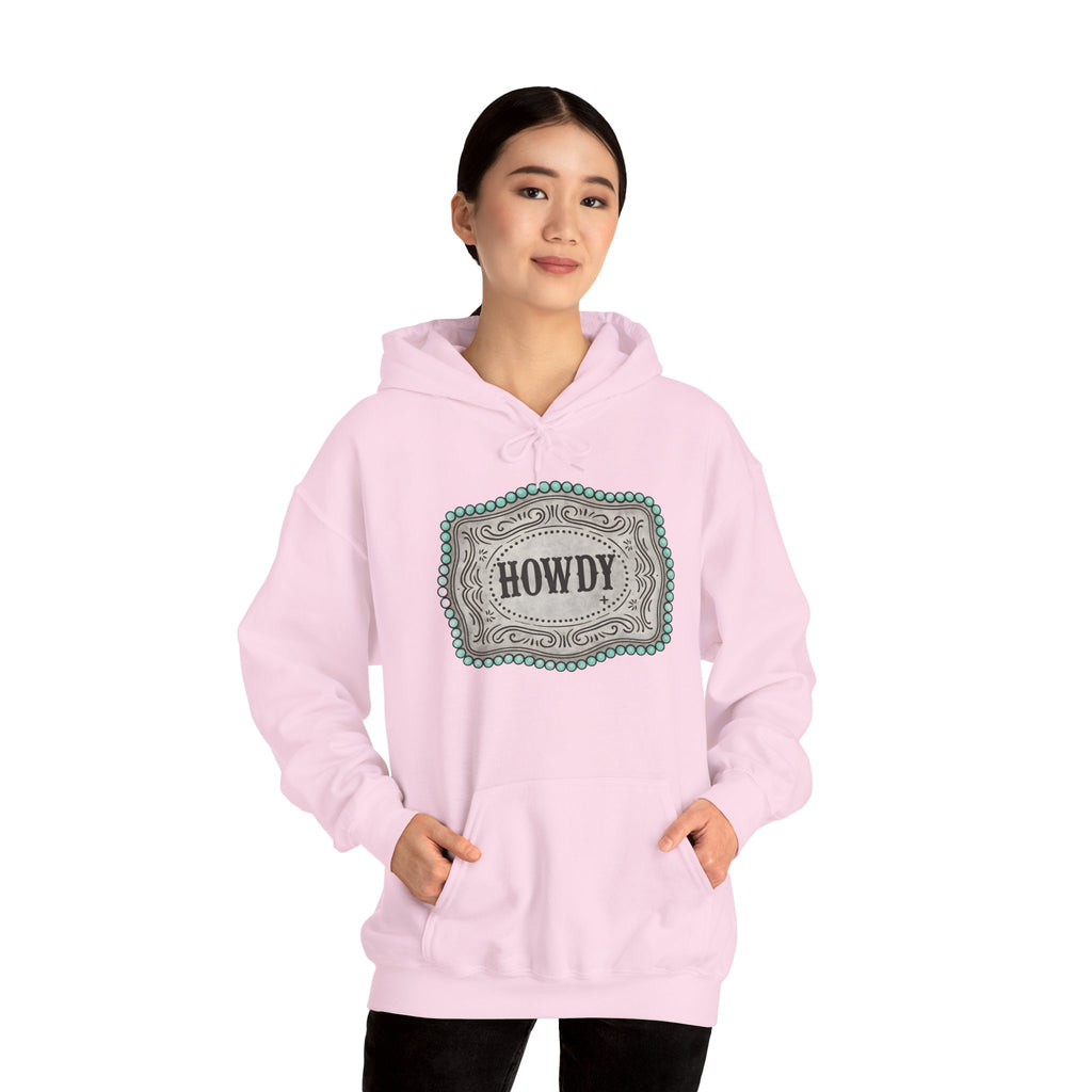 Howdy Turquoise Beaded Rodeo Belt Buckle Hoodie – Unisex Farmhouse Western Sweatshirt | Country Homestead Apparel