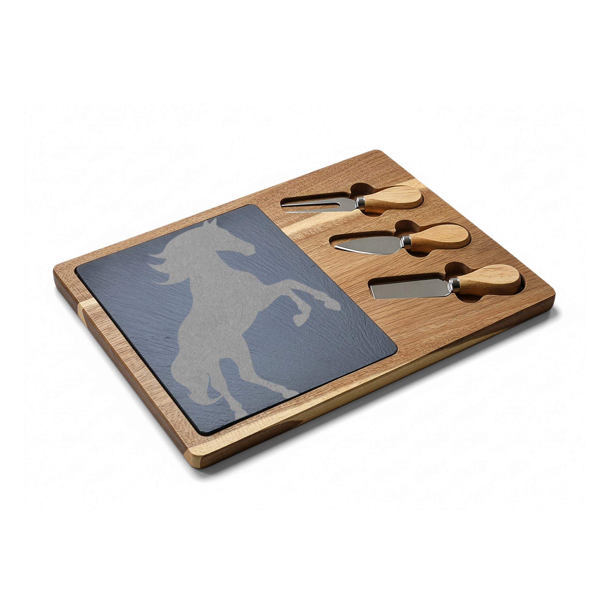 Horse Engraved Charcuterie Board Set | Slate Cheese Board with Knives | Farmhouse Equestrian Serving Board | Rustic Ranch Kitchen Gift
