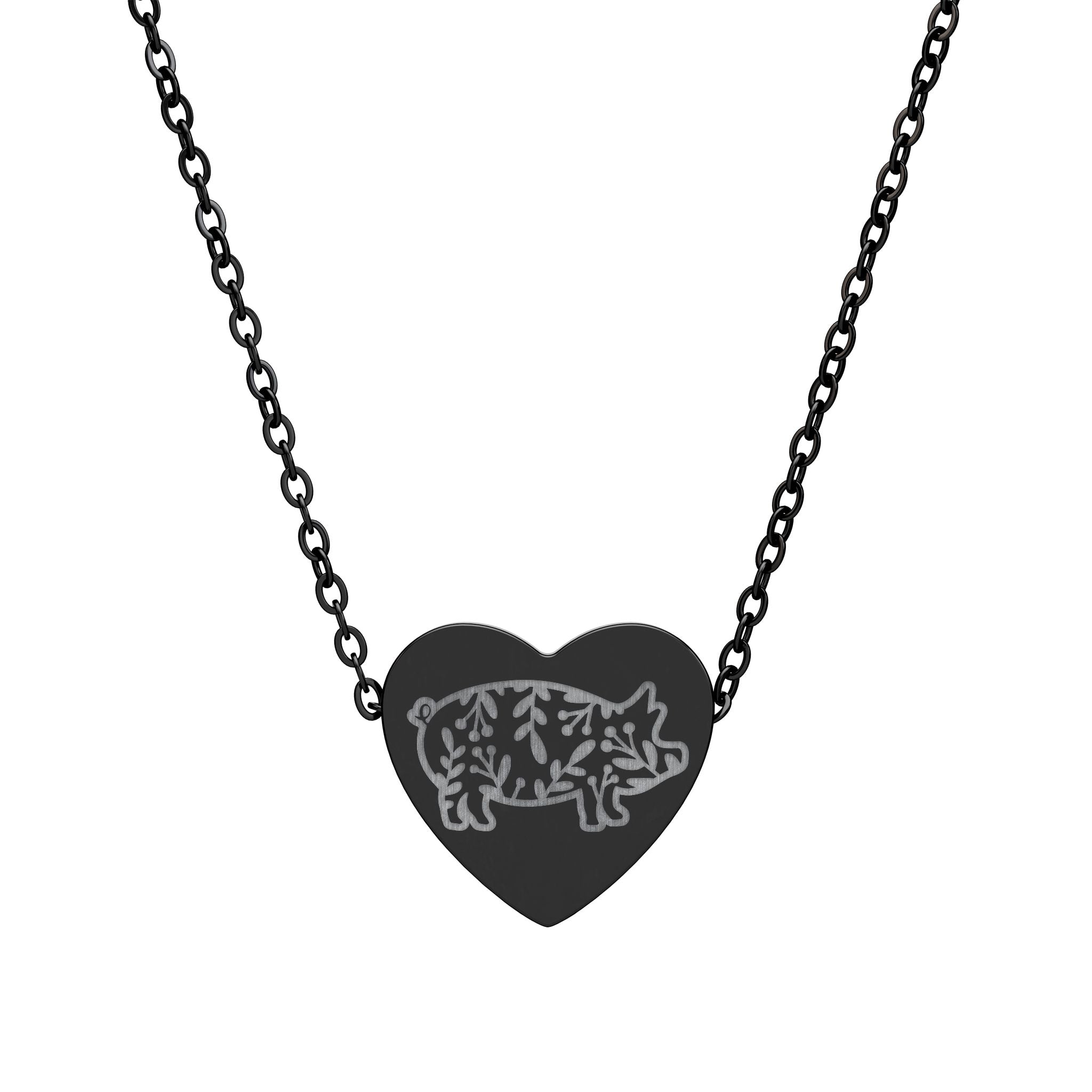 Floral Pig Heart Necklace – Farm Pig Jewelry, Pig Lover Gift, Homestead Necklace, Mini Pig Pendant, Farm Animal Jewelry, Stainless Steel Engraved Heart Necklace