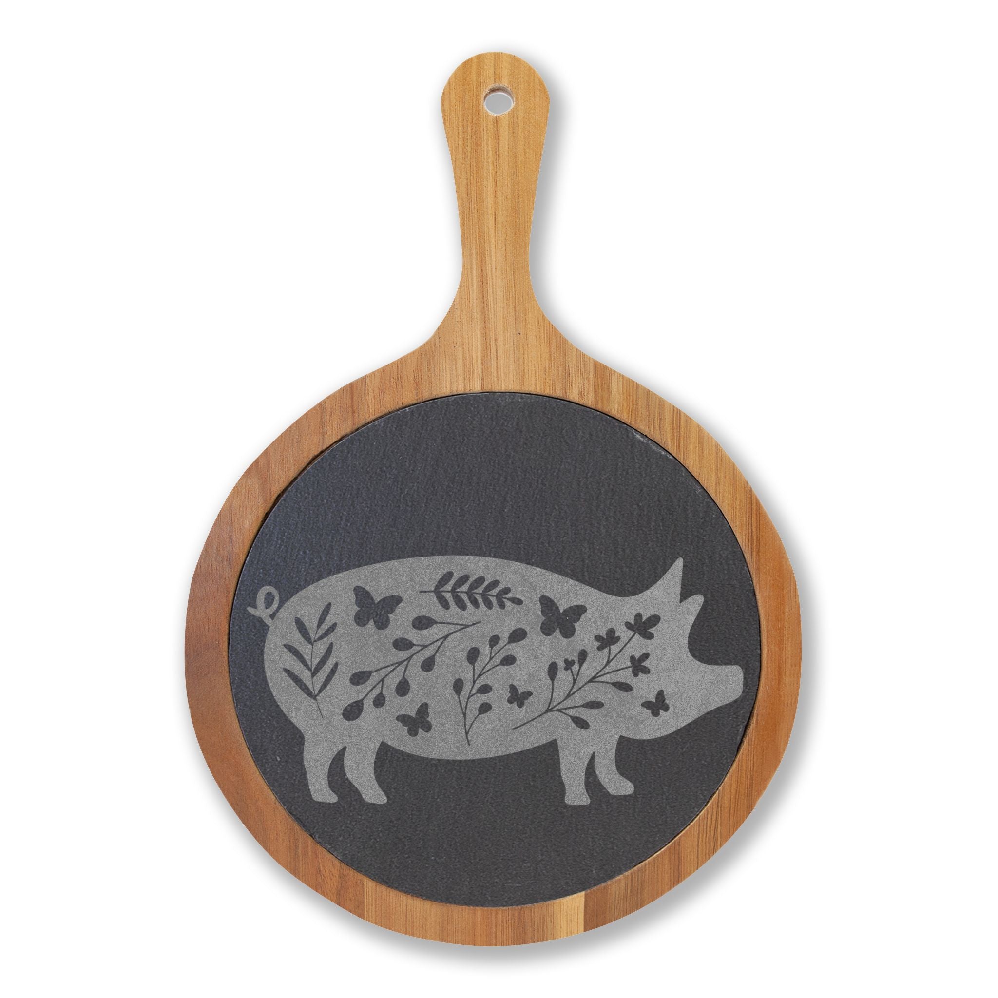 Floral Pig Engraved Charcuterie Board Set | Farmhouse Slate Cheese Board with Knives | Rustic Farm Kitchen Serving Board | Homestead Pig Lover Gift