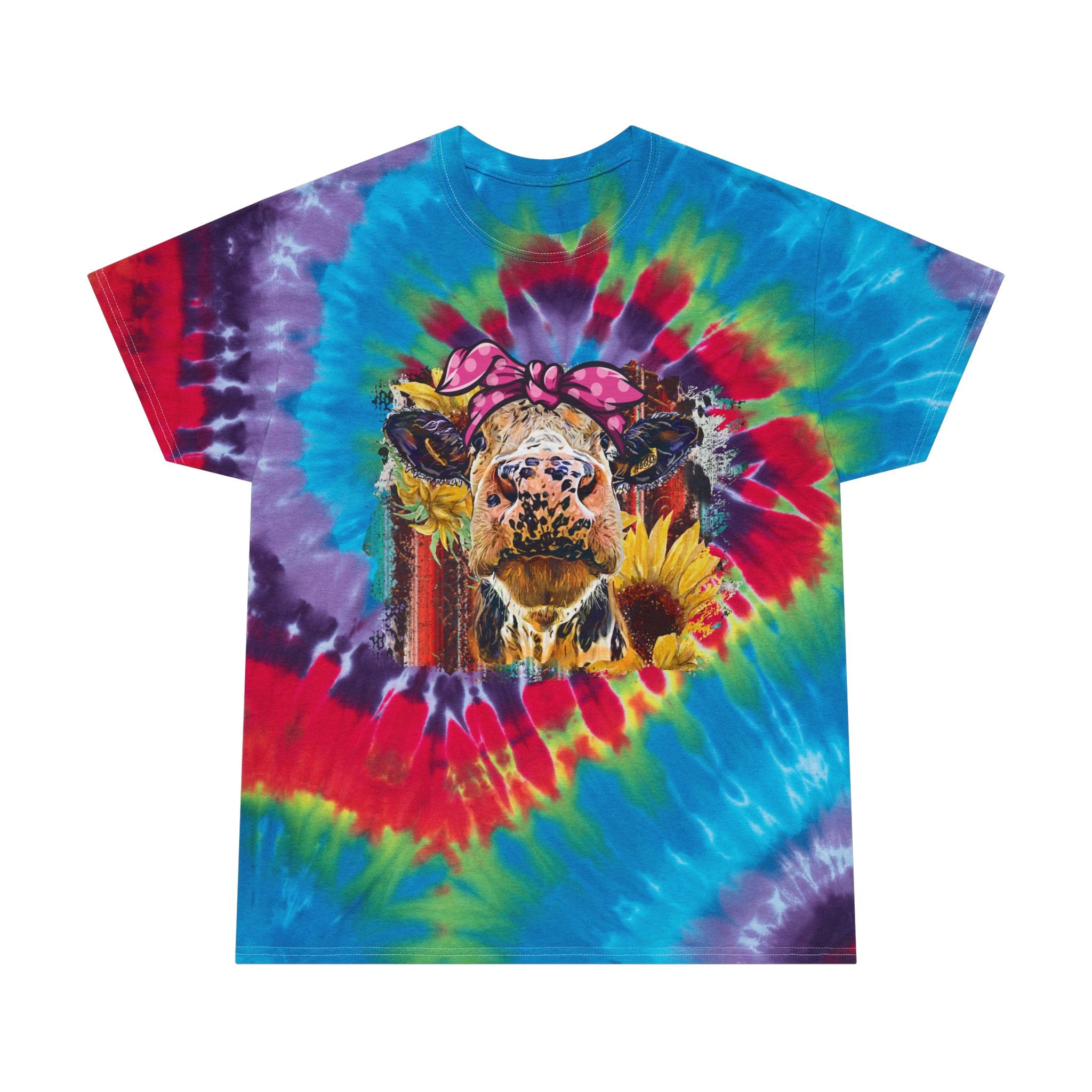 Floral Highland Cow Tie-Dye T-Shirt – Boho Farm Cow Tee, Sunflower Cowgirl Shirt, Cottagecore Farm Life Apparel