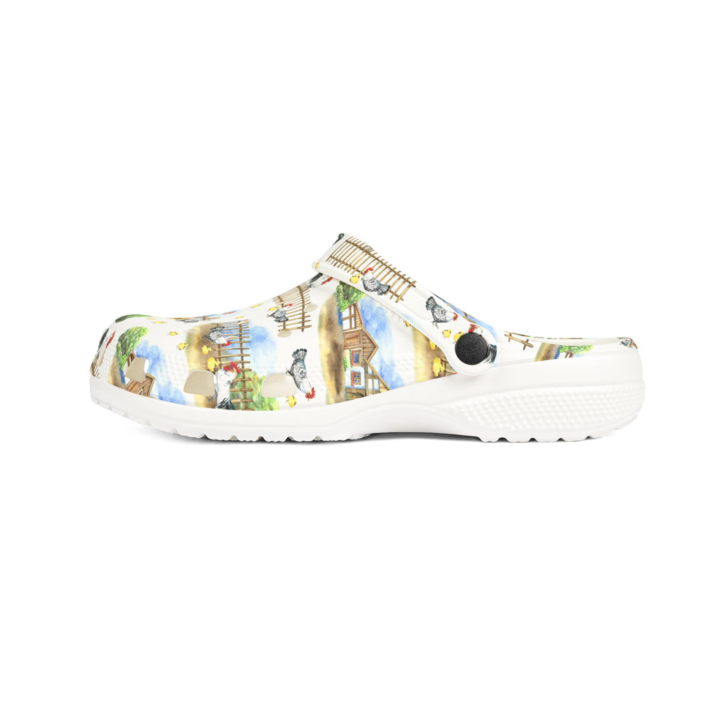 Chicken Farm Family Print EVA Clogs – Farm Life Chicken Shoes, Backyard Chicken Slip-On, Homestead Comfort Clogs