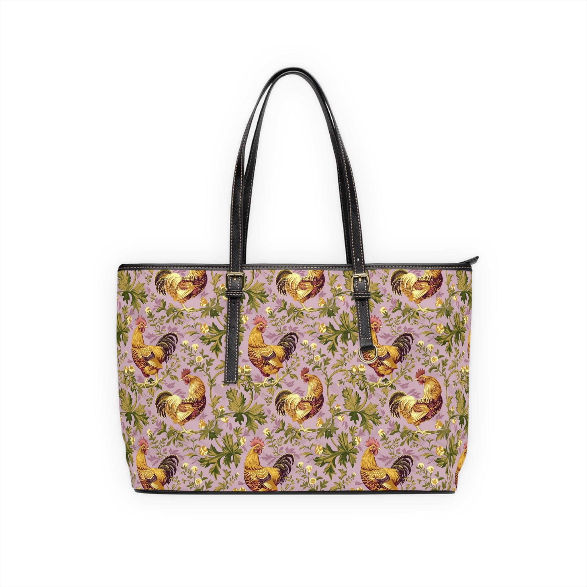 Lavender Botanical Chicken Print Leather Shoulder Bag – Farmhouse Chicken Tote, Cute Hen Pattern Purse, Farm Life Handbag, Backyard Chicken Lover Bag