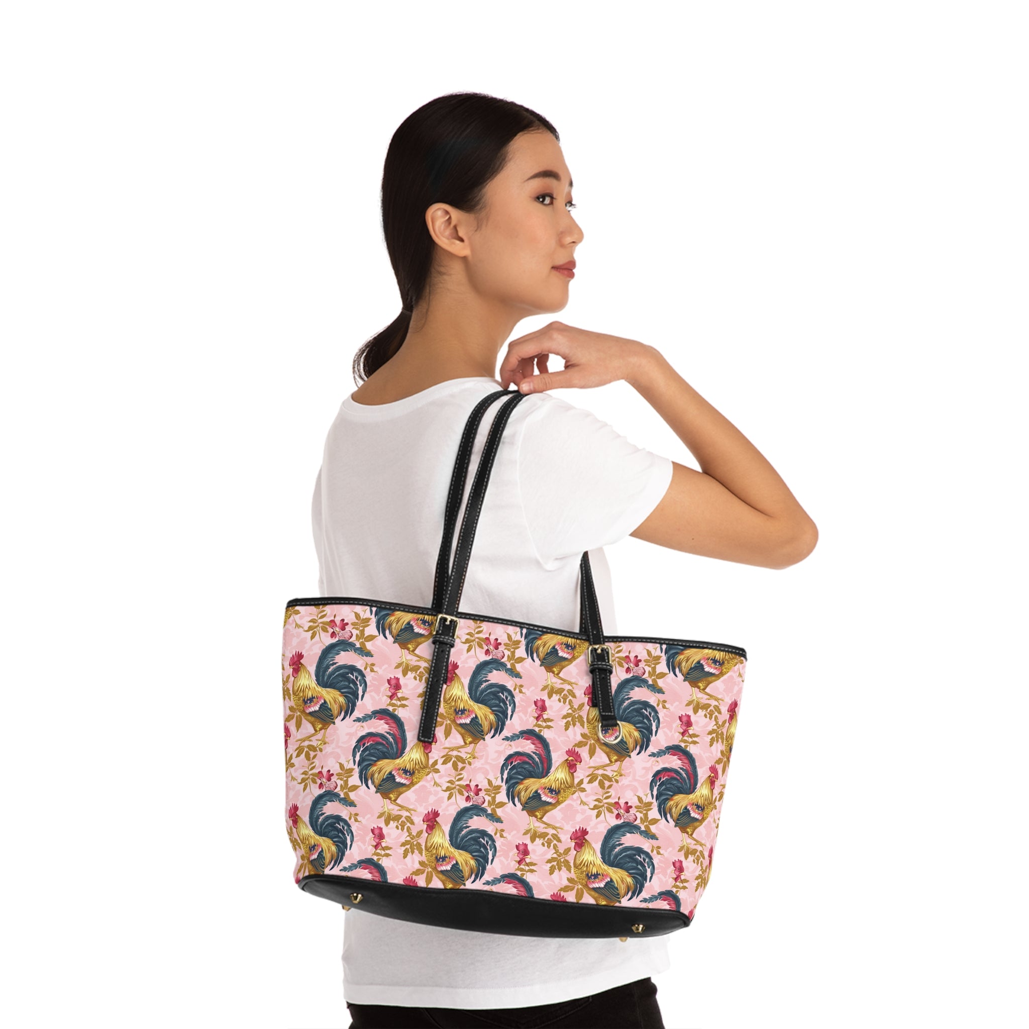 Pink Floral Rooster Chicken Print Leather Shoulder Bag – Farmhouse Chicken Tote, Cute Hen Pattern Purse, Farm Life Handbag, Backyard Chicken Lover Bag