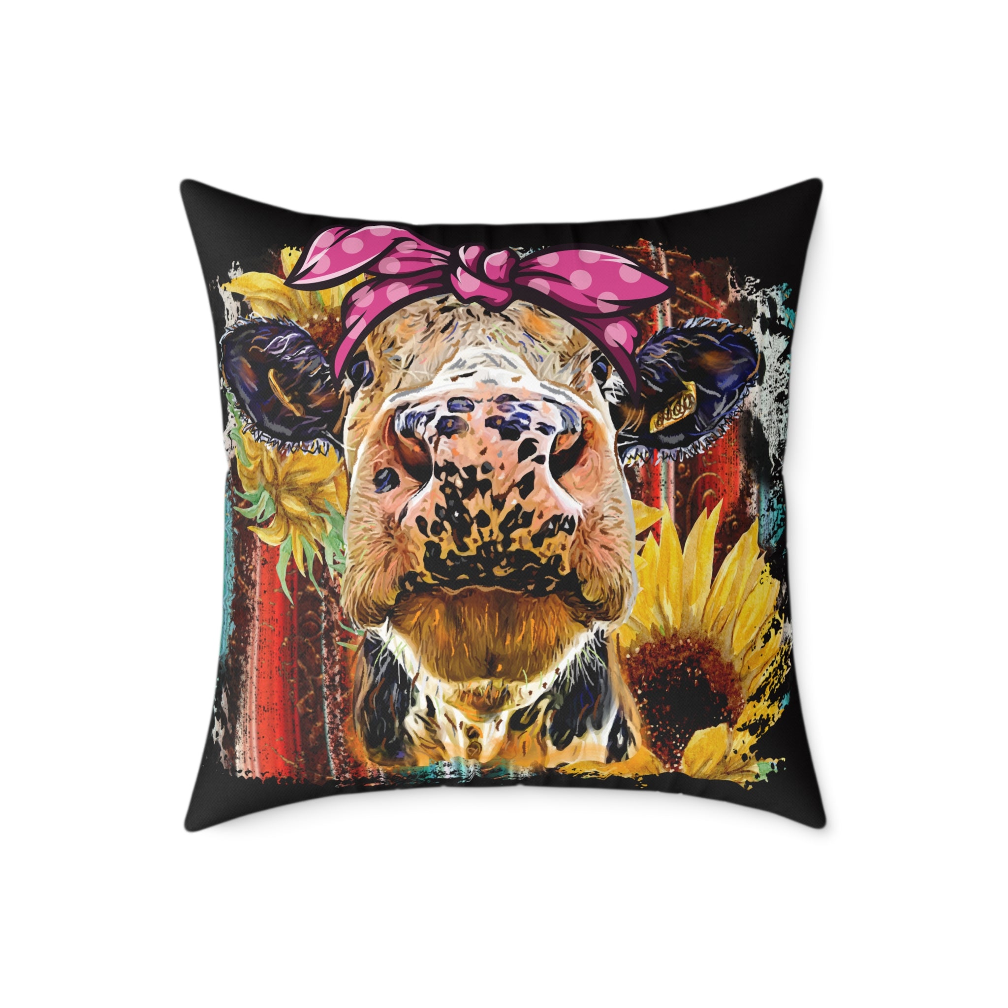 Funny Cow Throw Pillow | Farmhouse Cow Accent Pillow | Sunflower Highland Cow Decor Cushion | Rustic Country Home Decor | Gumpert Homestead