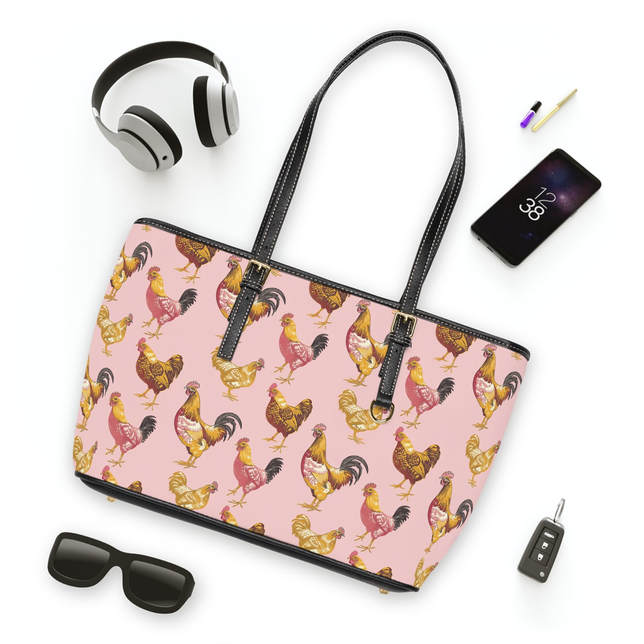 Pink & Gold Chicken Print PU Leather Shoulder Bag – Farmhouse Chicken Tote, Cute Hen Pattern Purse, Farm Life Handbag, Backyard Chicken Lover Bag