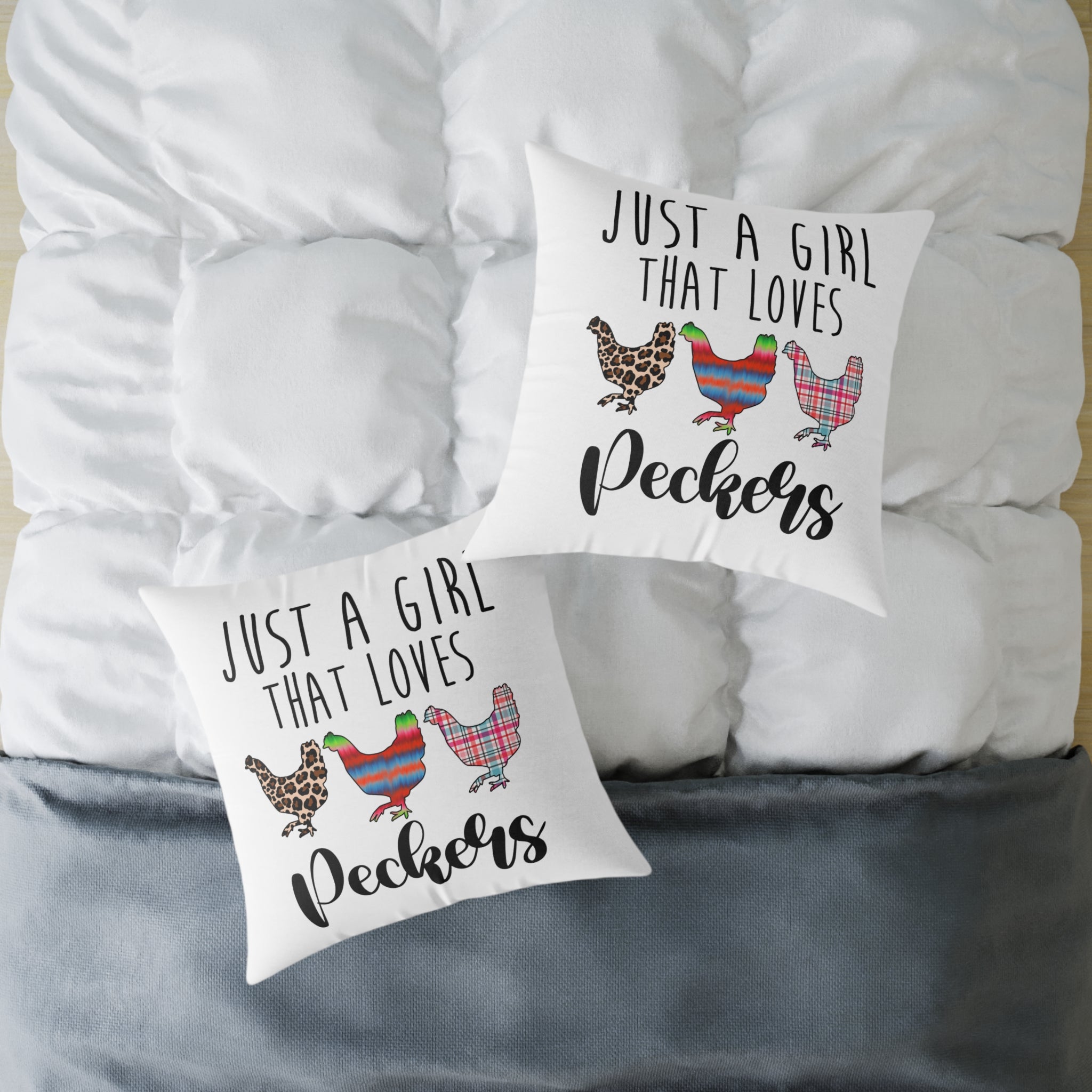 “Just a Girl That Loves Peckers” Throw Pillow – Funny Chicken Farmhouse Decor Cushion, Cute Homestead Accent Pillow