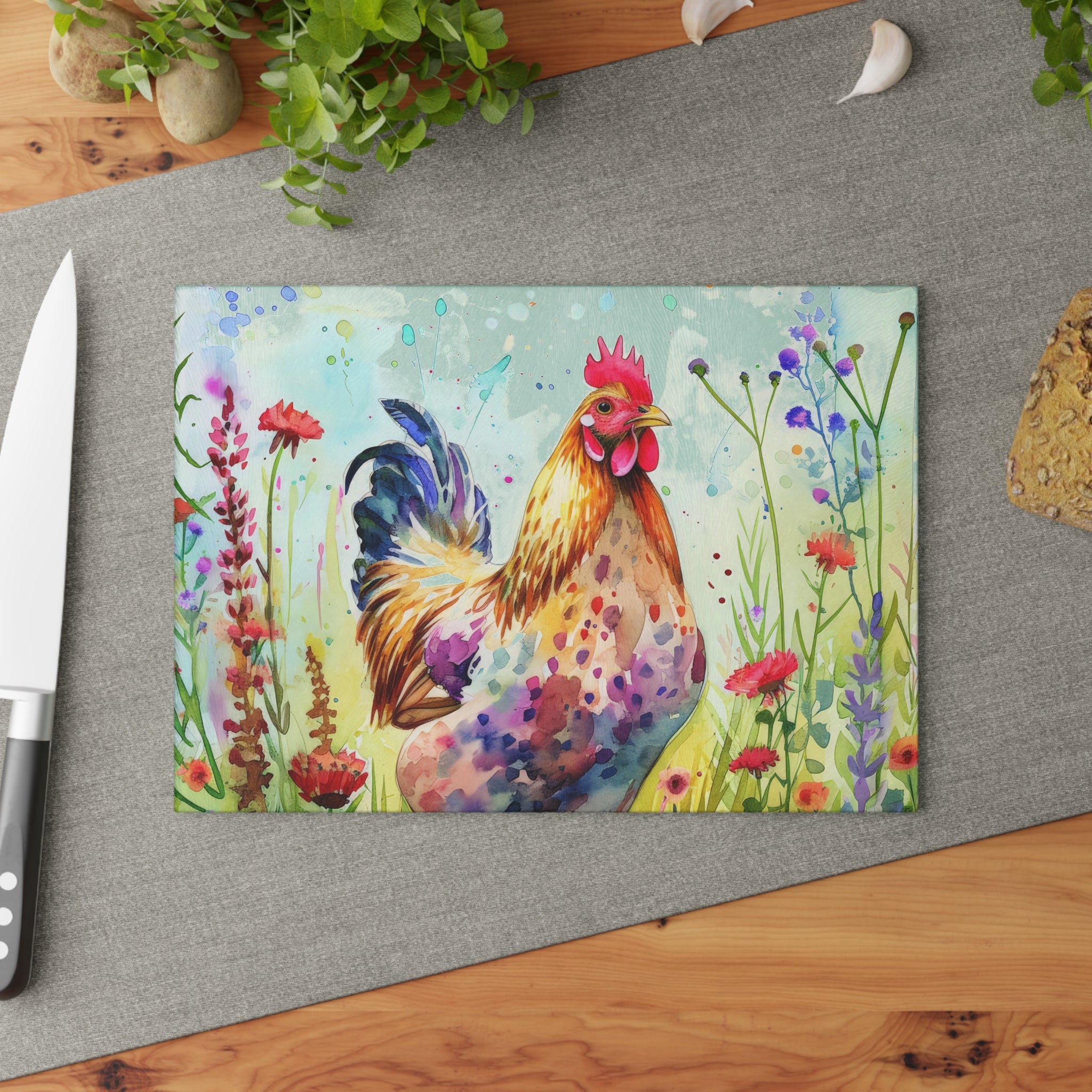 Floral Chicken Glass Cutting Board – Farmhouse Kitchen Decor, Colorful Chicken Counter Protector, Homestead Gift