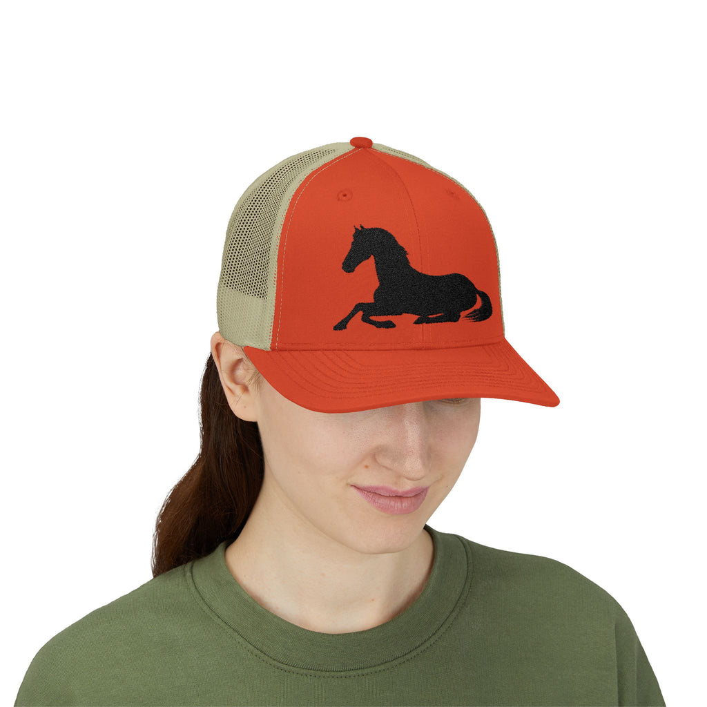 Resting Horse Trucker Hat | Laying Horse Silhouette Mesh Snapback Cap | Western Ranch Horse Lover Hat | Rustic Farm Life Cowboy Cowgirl Cap