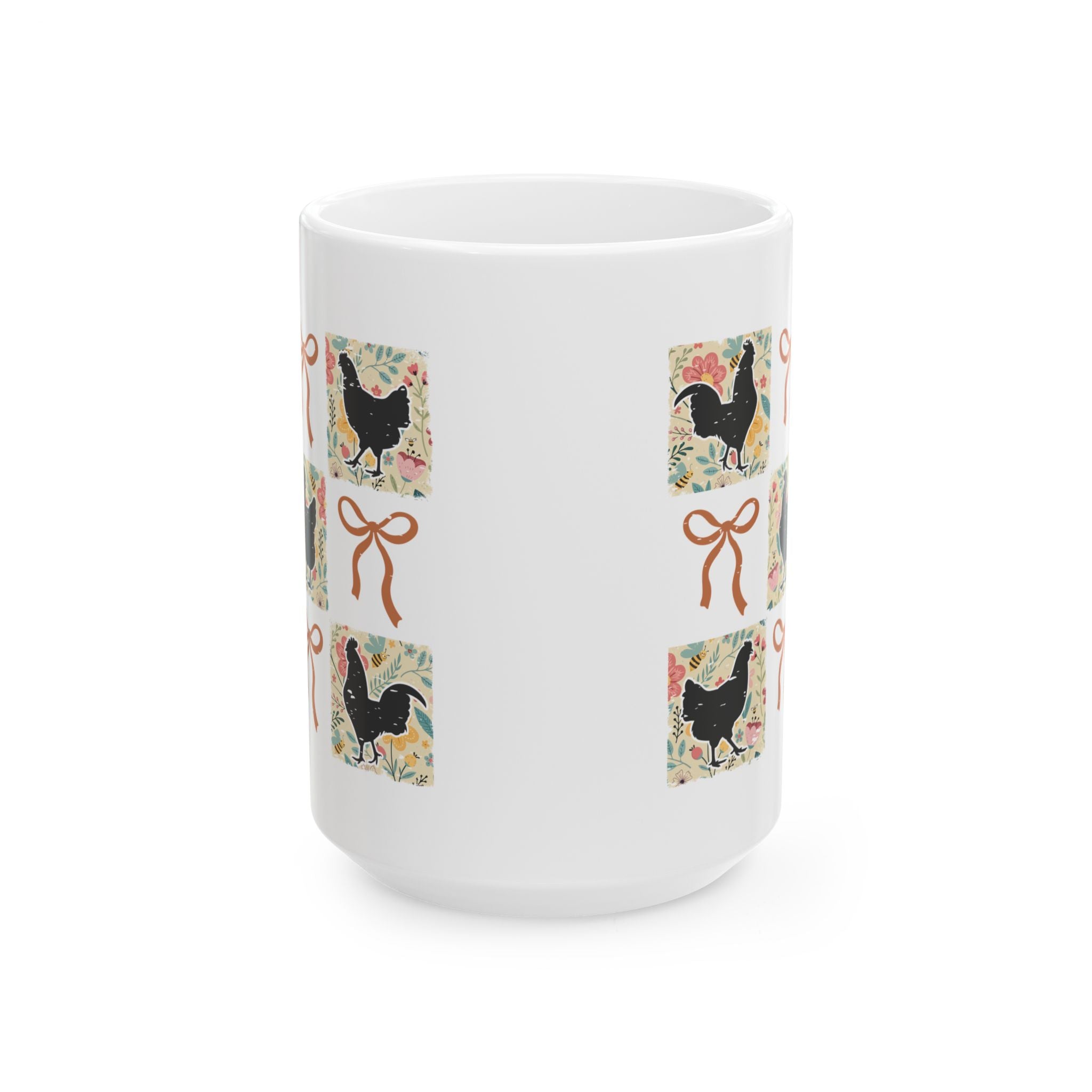 Patchwork Chicken Ceramic Mug – Cottagecore Farmhouse Chicken Coffee Cup, Chicken Mom Mug (11oz, 15oz)